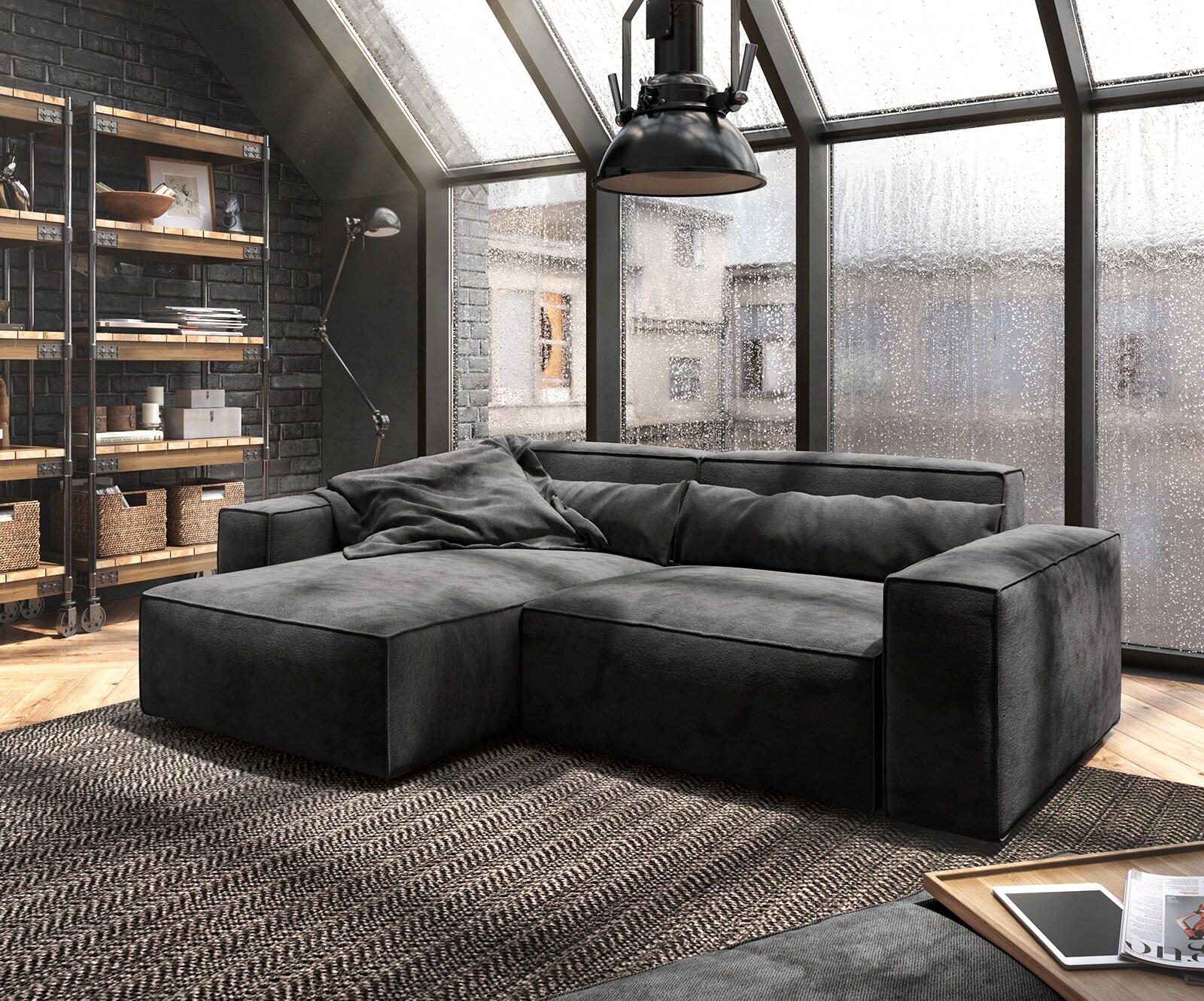 Sofa narożna Sirpio 230x155 cm mikrofibra czarna szezlong z możliwością obustronnego montażu z pufem 1