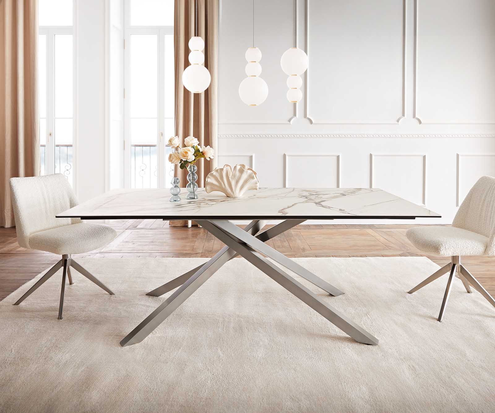 Stół do jadalni Edge 200x100 cm ceramika Calacatta Luxe biało-złoto-szary rama Cross stal nierdzewna