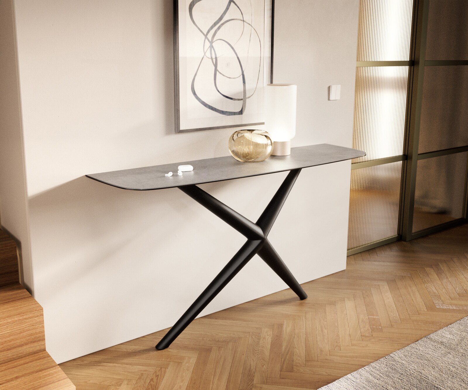 Konsola Edge w kształcie beczki 140x40 cm ceramika w kolorze betonowej szarości rama Estelo metal czarny 1