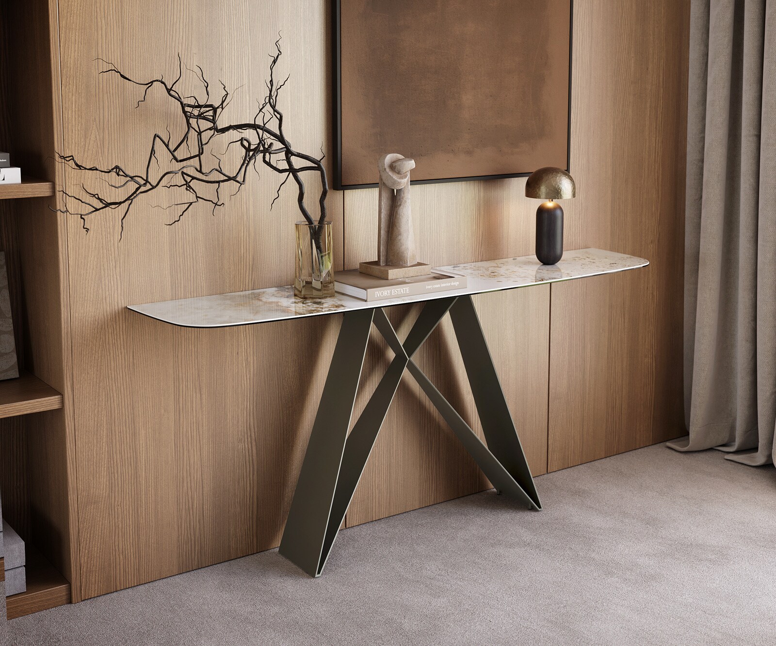 Konsola Edge w kształcie beczki 180x40 cm ceramika Minas Melange biało-beżowa podstawa Velio metal w kolorze tytanu 4
