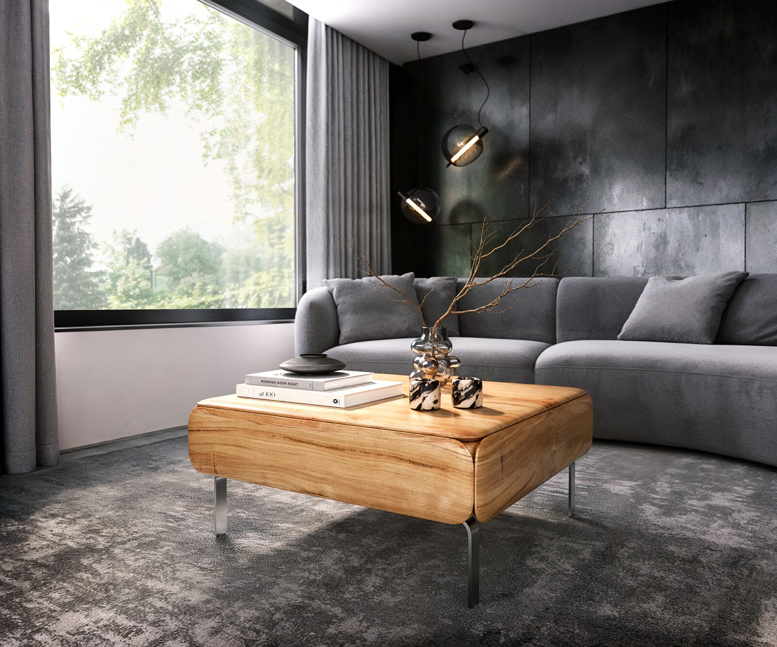 Stolik kawowy Shavani 100x50 cm akacja naturalna 1 szuflada metal czarny 5