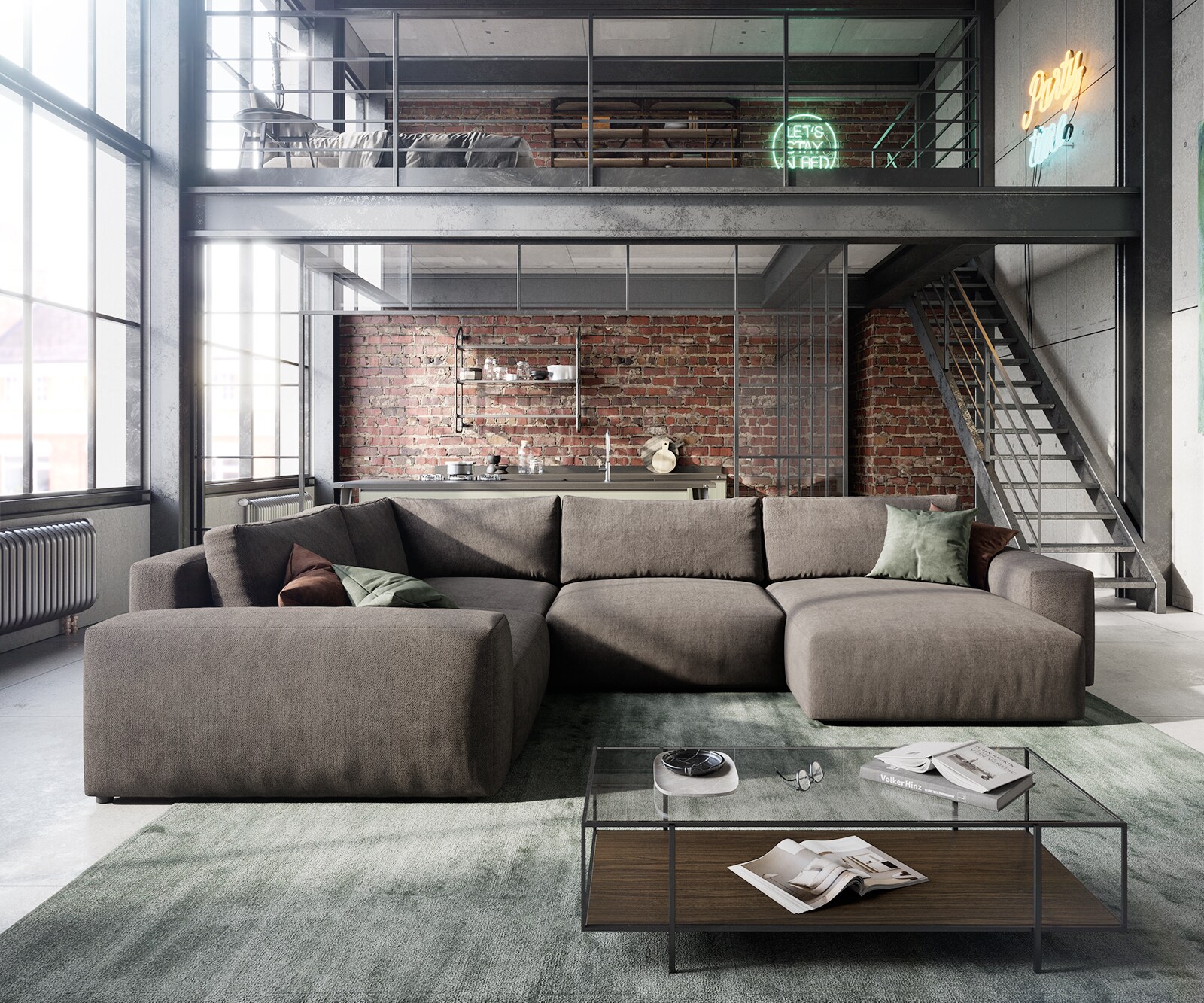 Zestaw wypoczynkowy Lanzo XL 360x260cm mikrofibra brąz khaki szezlong z możliwością zmiennego ustawienia 1