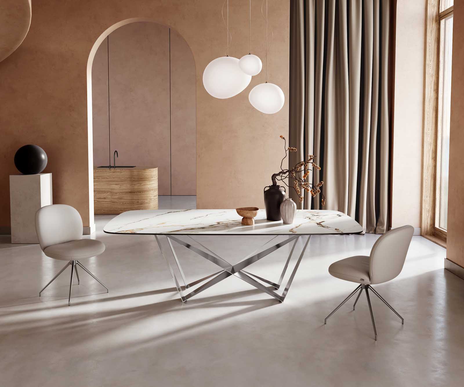 Stół do jadalni Edge kształt beczki 240x120cm ceramika Calacatta Luxe biało-złoto-szary rama Spider stal nierdzewna