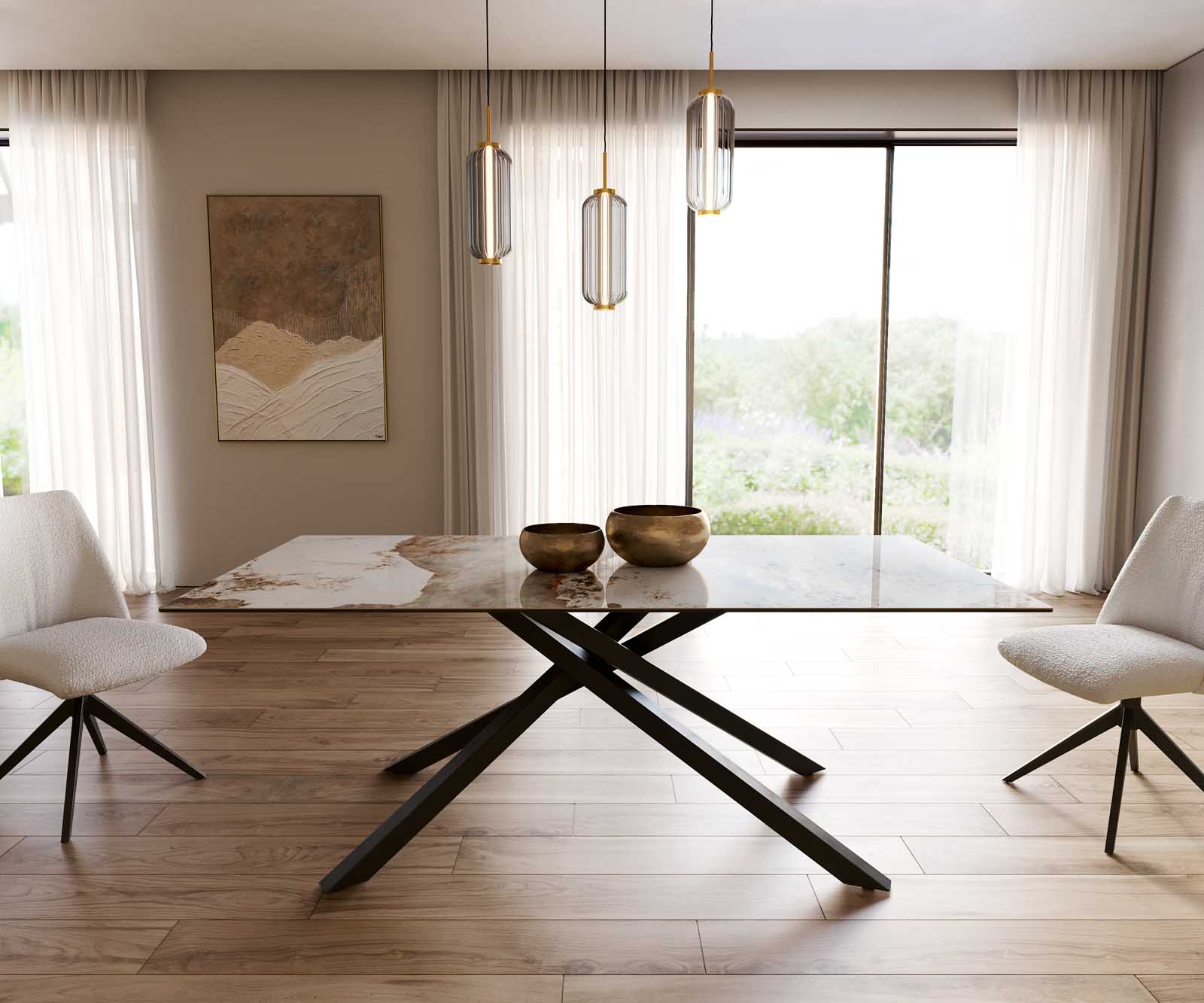 Stół do jadalni Edge 200x100 cm ceramika Minas Melange biało-beżowy rama Cross czarna 1