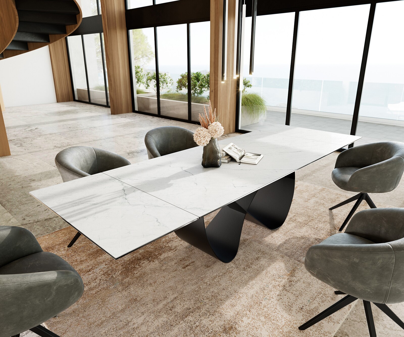 Stół do jadalni Edge 200-300x100 cm ceramika Laminam® Statuarietto biały rama Infinity metal czarny rozkładany