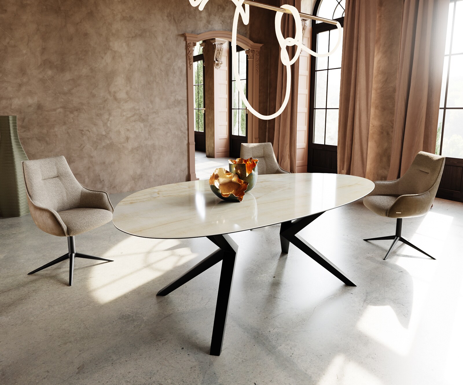 Stół do jadalni Edge owalny 220x120cm ceramika Iris FMG Onice Oro rama Zenthara metal czarny 1