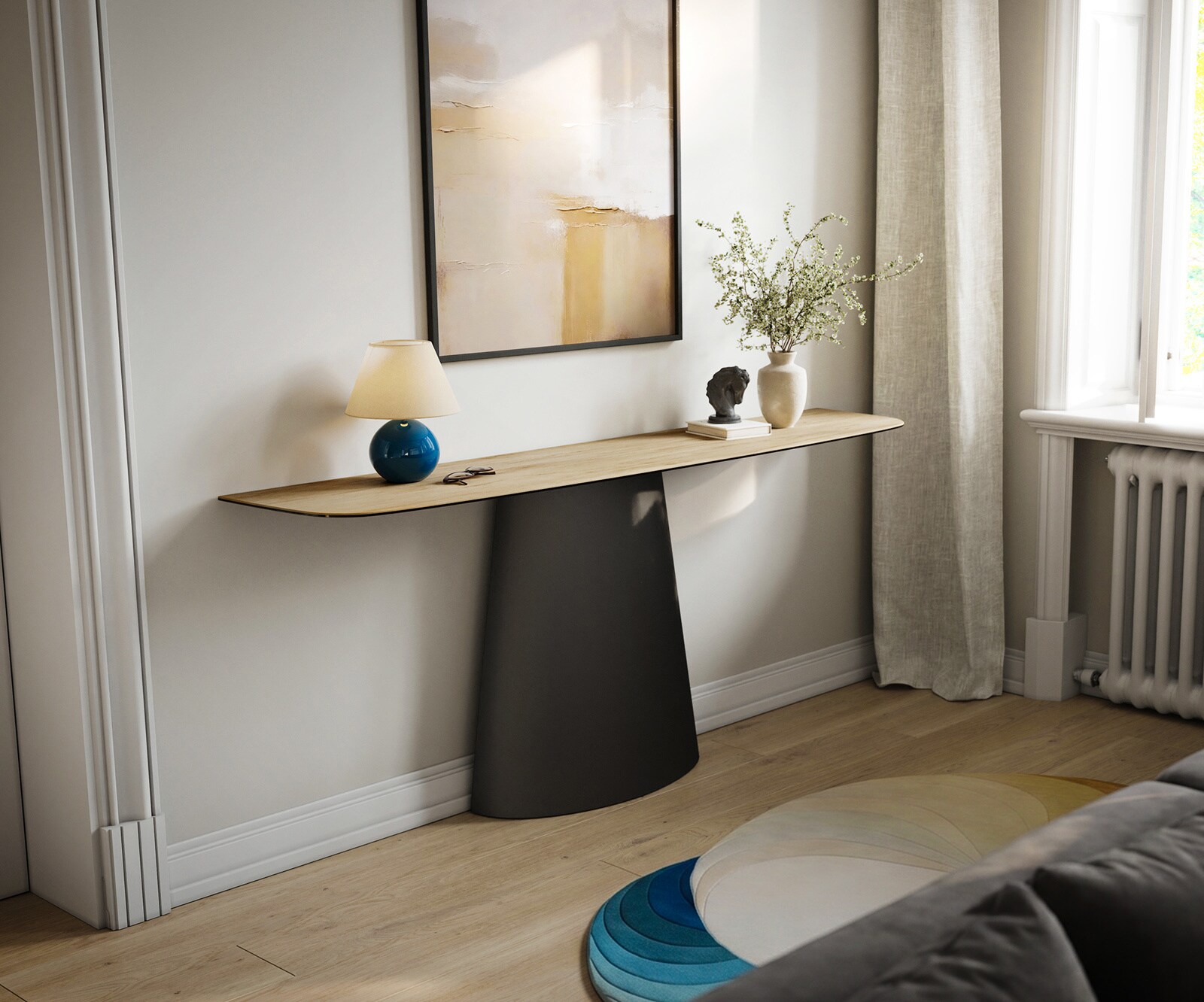 Konsola Edge w kształcie beczki 180x40 cm ceramika Laminam® Sabbia w kolorze dębu rama Conos metal czarny 1