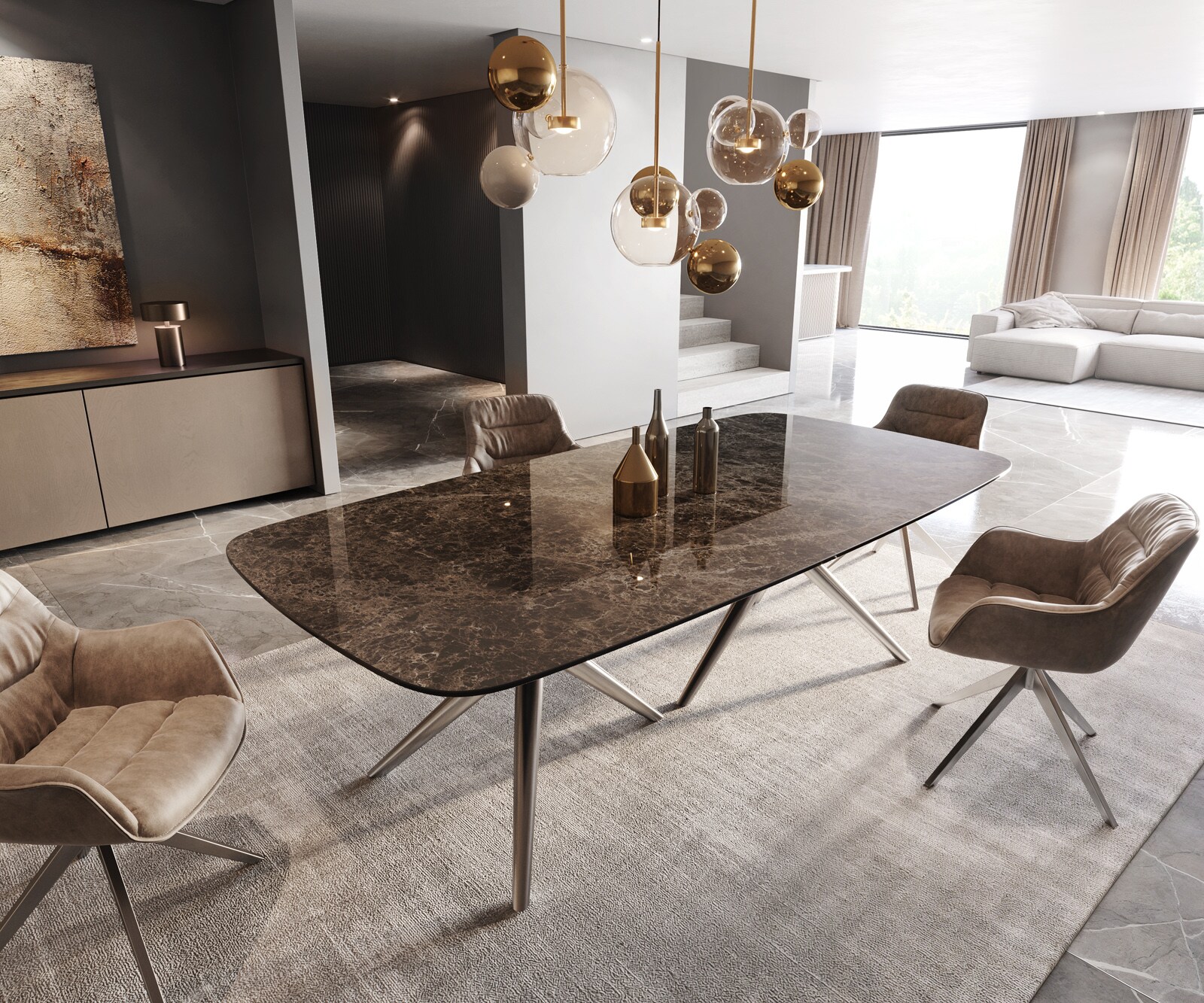 Stół do jadalni Edge kształt beczki 240x120cm ceramika Emperador Extra Lucidato ciemnobrązowy rama Estelar stal nierdzewna 1