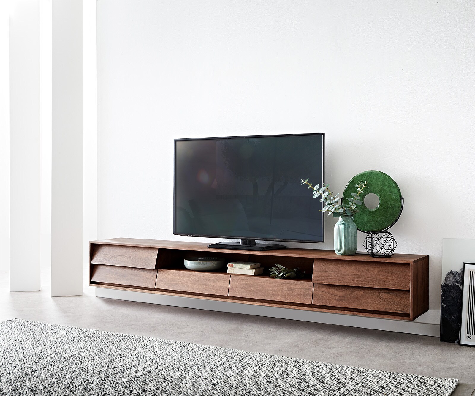 Szafka RTV Eloi 240x35 cm akacja brązowa 2 drzwi 2 szuflady podwieszana 1