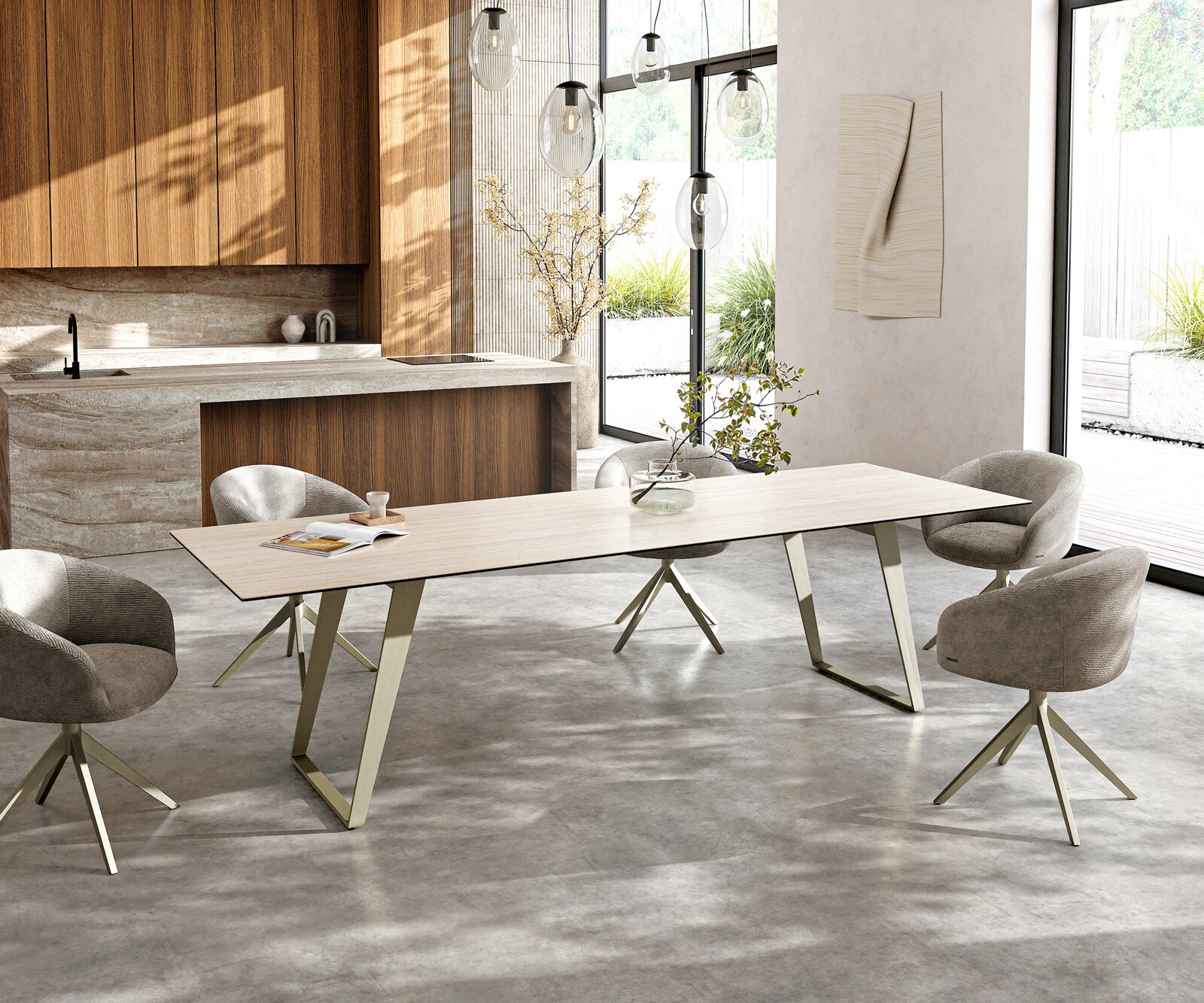 Stół do jadalni Edge 300x100cm ceramika Laminam® Travertino Bianco kremowo-biały rama pochylona metal kolor tytanowy 6