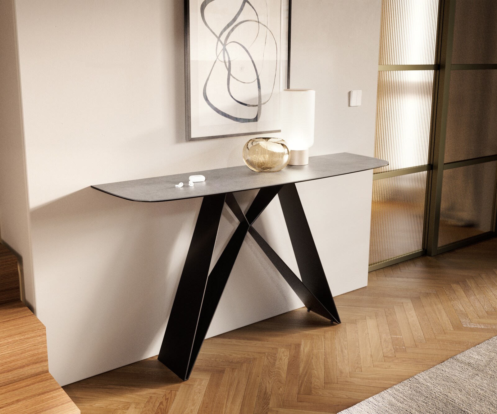Konsola Edge w kształcie beczki 140x40 cm ceramika w kolorze betonowej szarości podstawa Velio metal czarny 1