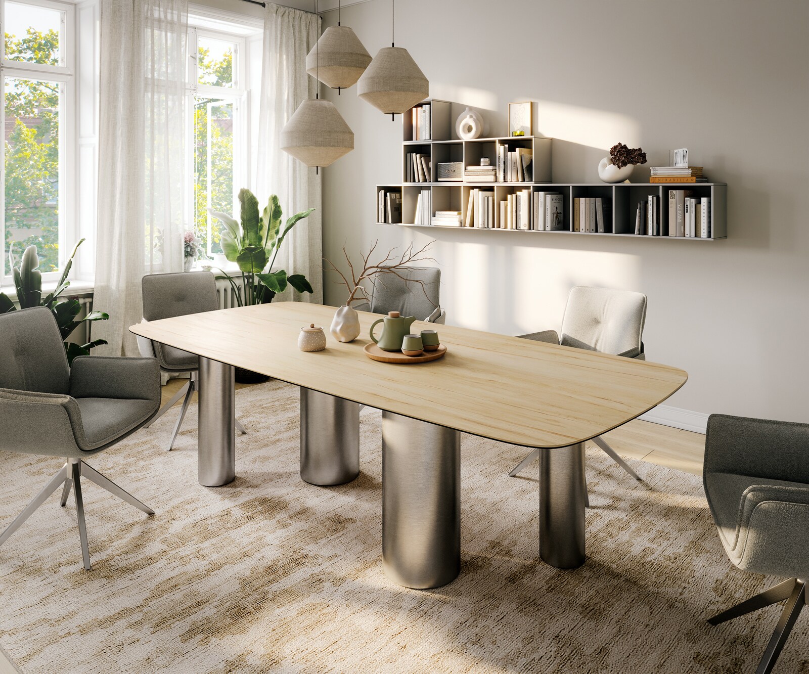 Stół do jadalni Edge w kształcie beczki 260x120 cm ceramika Laminam® Sabbia w kolorze dębu rama Pilier stal nierdzewna szczotkowana