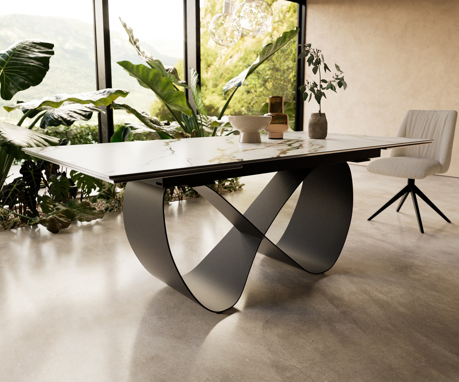 Stół do jadalni Edge 200-300x100cm ceramika Calacatta Luxe Biało-Złoto-Szary rama Infinity metal czarny rozkładany 3