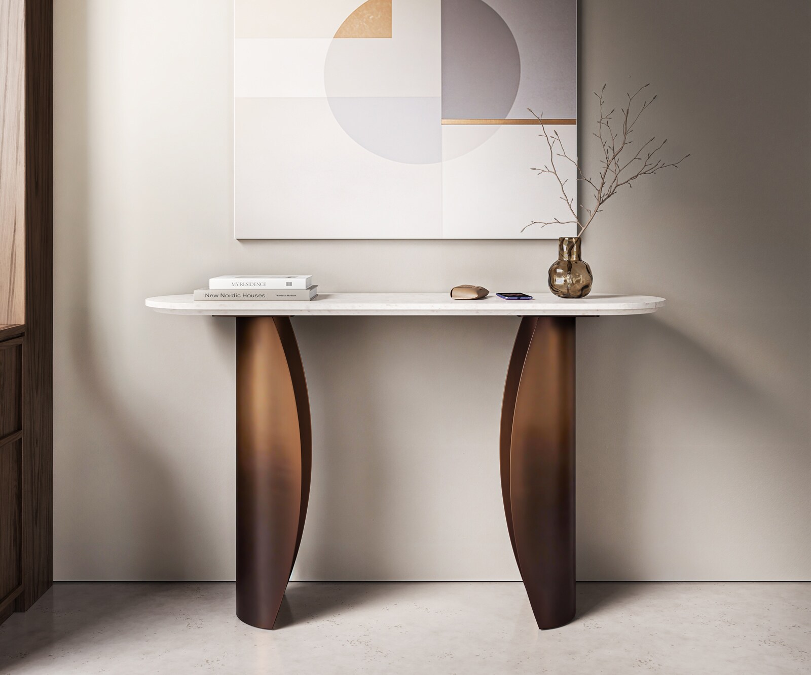 Konsola Solena 135 x 40 cm marmur biały metal złoty wykończenie Fusion Finish 1