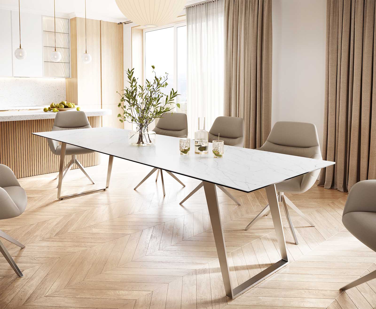 Stół do jadalni Edge 300x100cm ceramika Laminam® Statuarietto biały stal nierdzewna pochylona rama