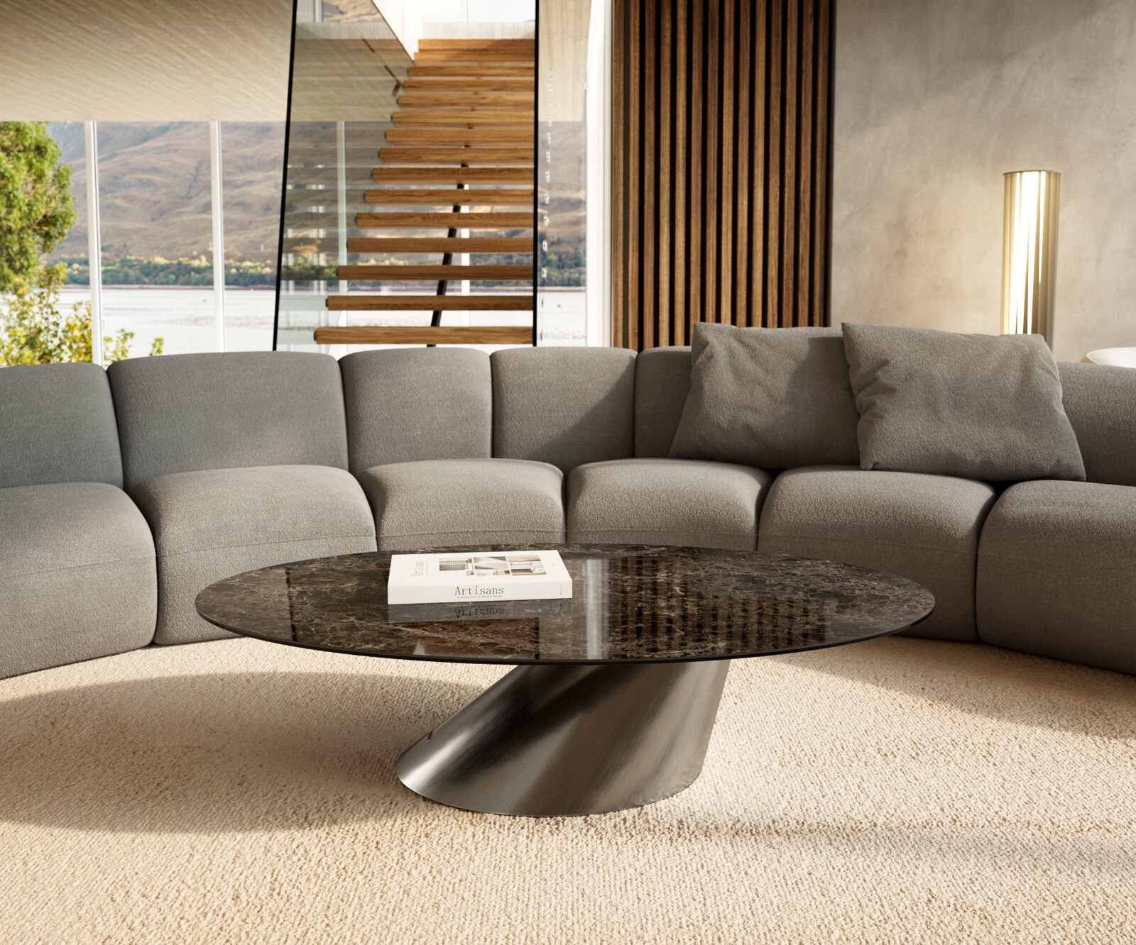 Stolik kawowy Edge owalny 140x80 cm ceramika Laminam® Emperador Extra Lucidato ciemnobrązowa podstawa Conis stal nierdzewna szczotkowana 2