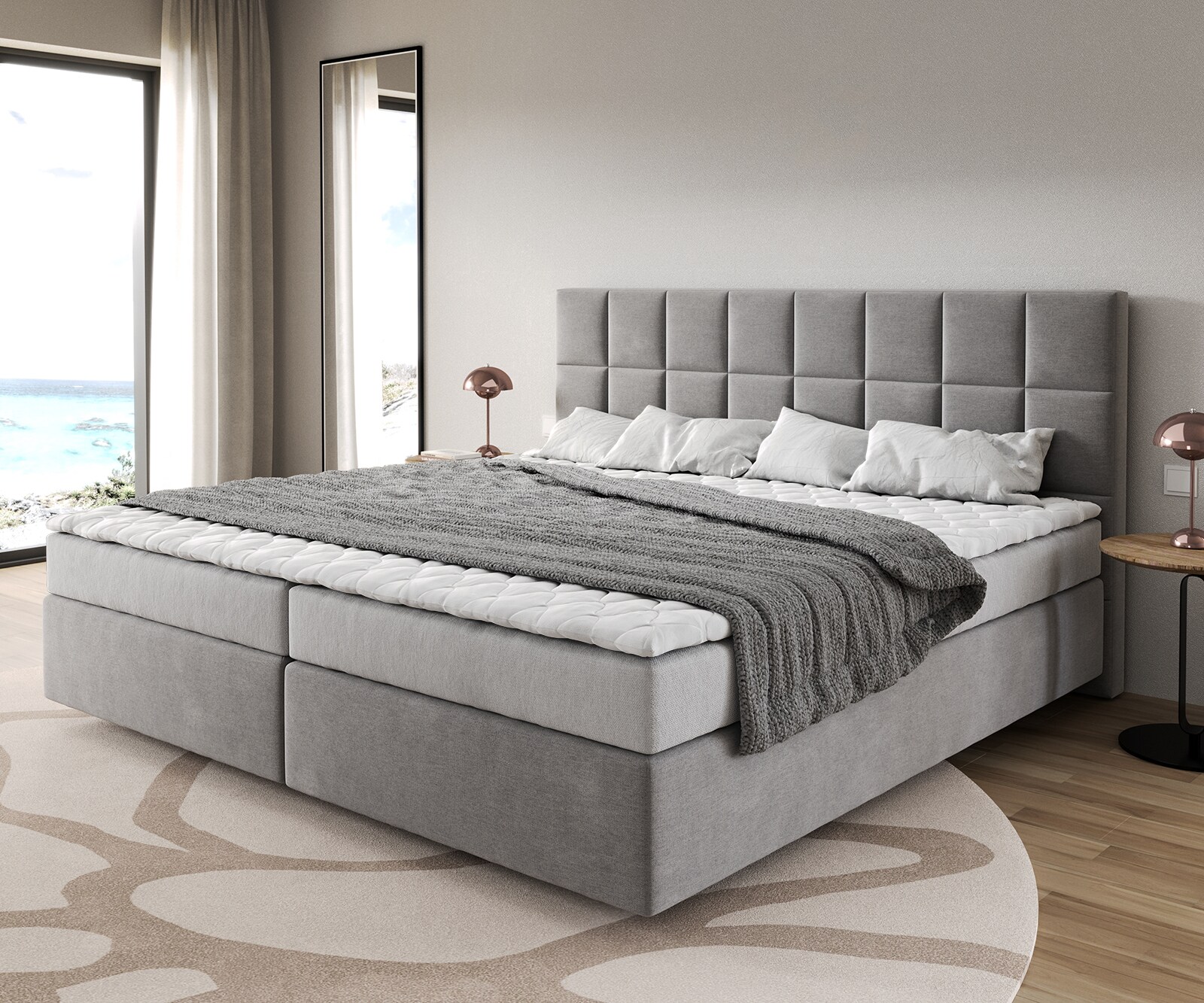 Łóżko kontynentalne Dream-Fine mikrofibra szara 200x200cm materac bonellowy topper PU