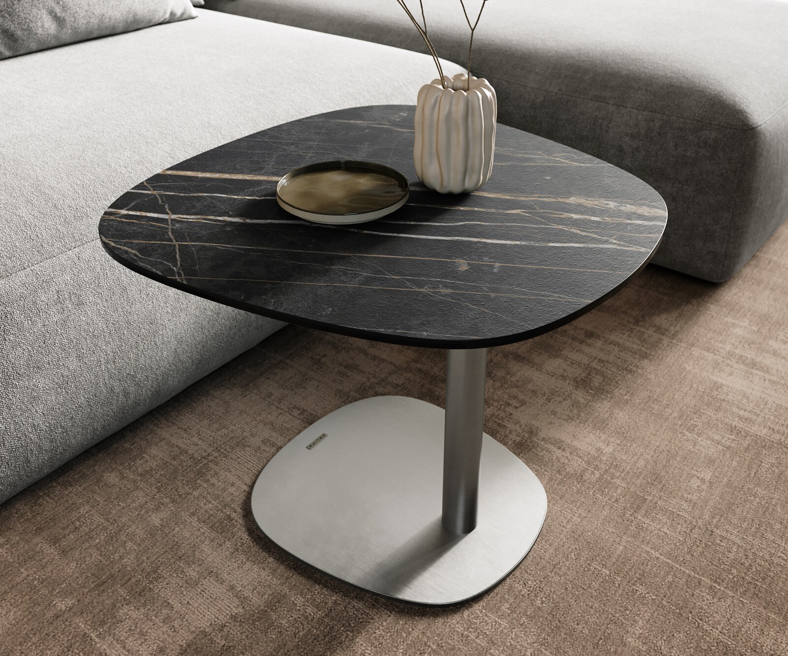 Stolik kawowy Edge w kształcie beczki 60x60 cm Laminam® Noir Desir brązowy podstawa Eleny stal nierdzewna szczotkowana 5