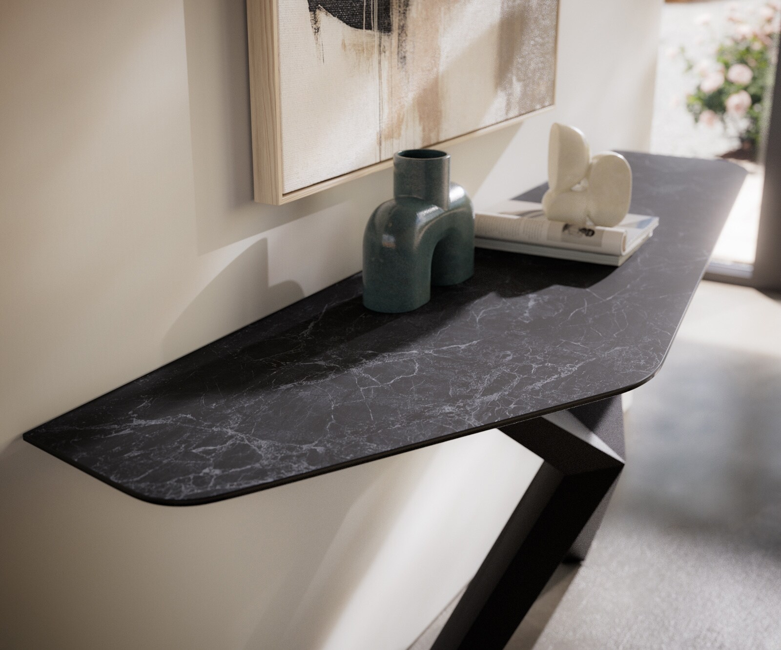 Konsola Edge wielokątna 180x50 cm ceramika Laminam® Nero Greco antracytowa podstawa Zentharo metal czarny 2