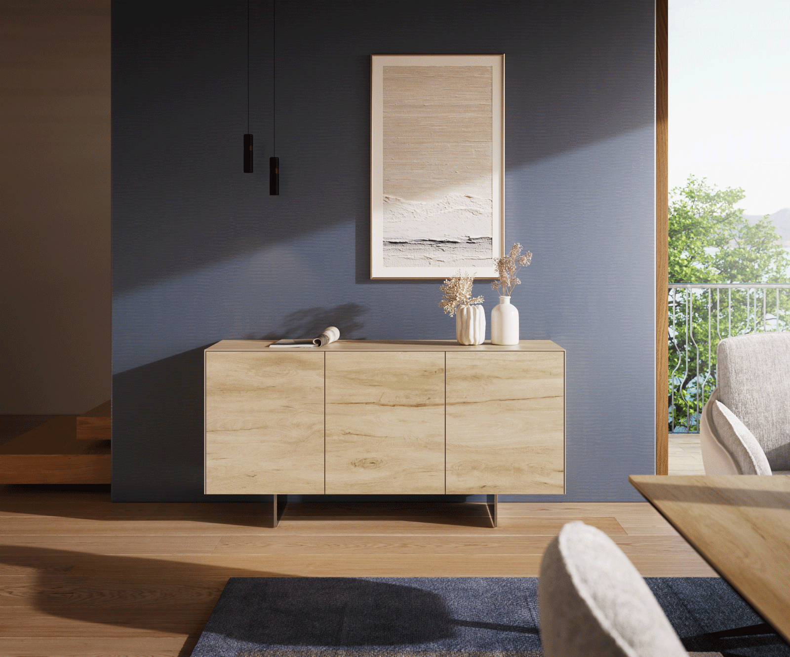 Komoda Cuor 150 cm ceramika Laminam® Sabbia (kolor dębu) 3 drzwi nóżki wąskie stal nierdzewna 2