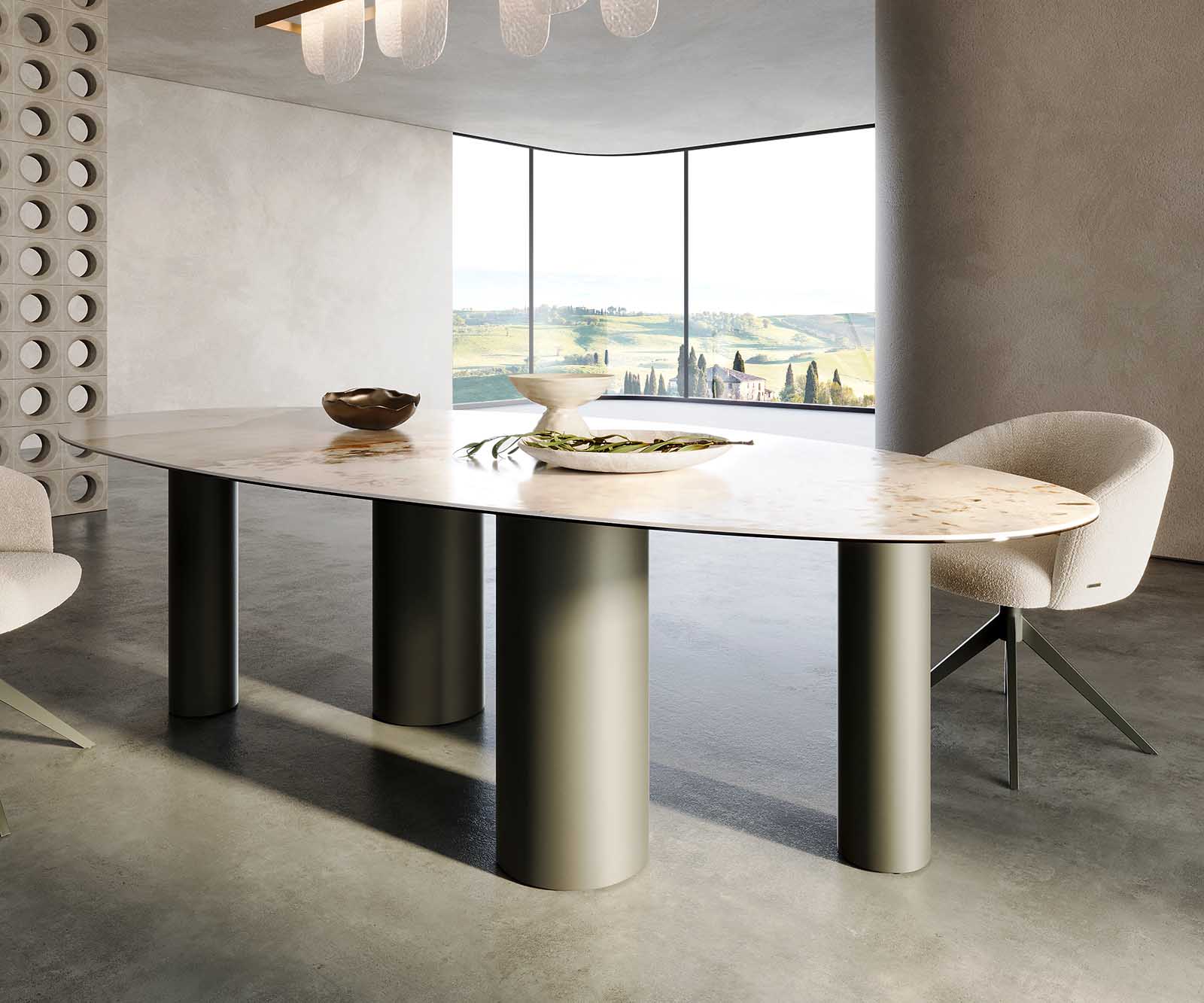 Stół do jadalni Edge owalny 280x130cm ceramika Minas Melange biało-beżowy rama Pilier metal kolor tytanowy 5