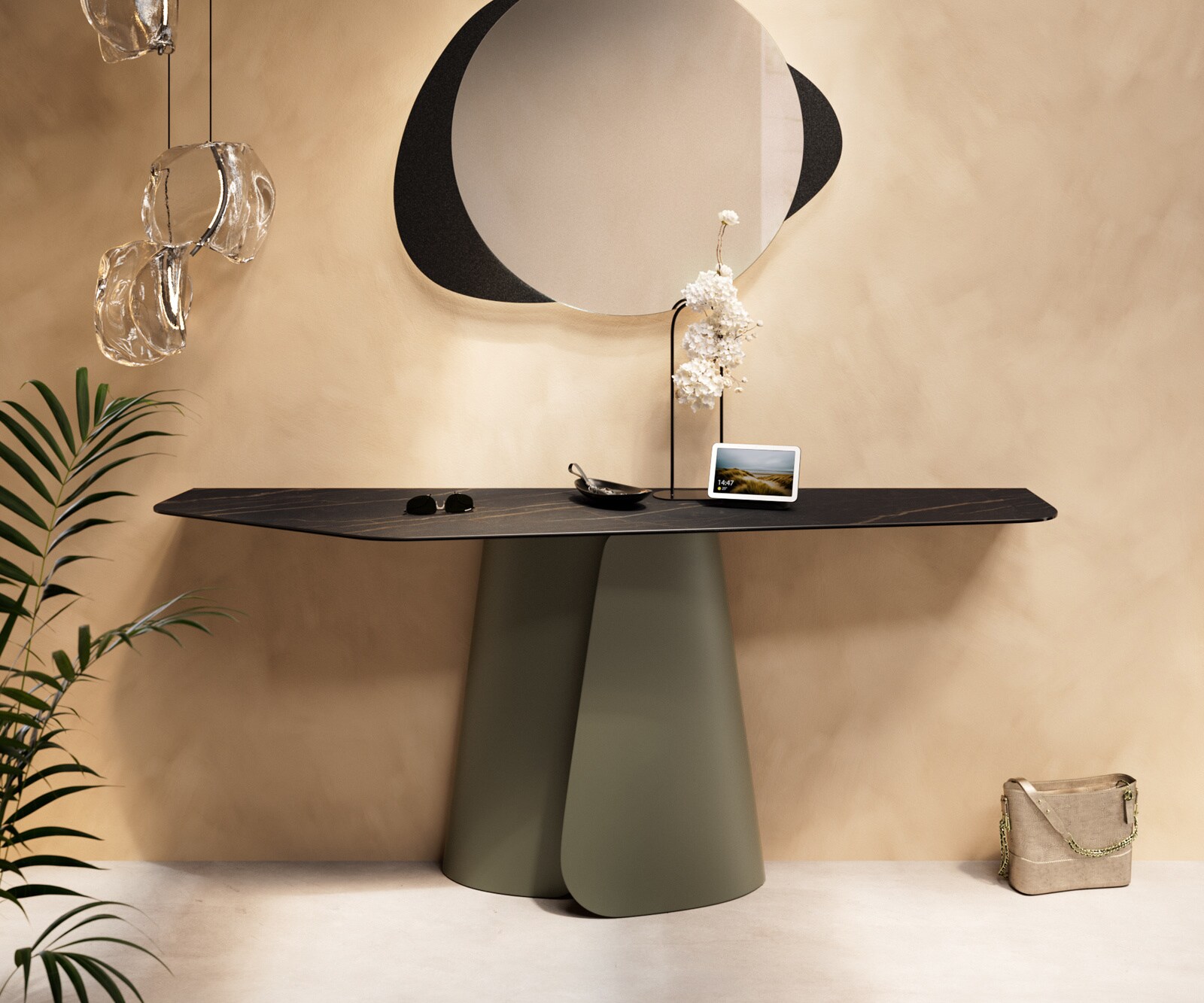 Konsola Edge wielokątna 180x50 cm ceramika Laminam® Noir Desir brązowa podstawa Livos metal w kolorze tytanu 1