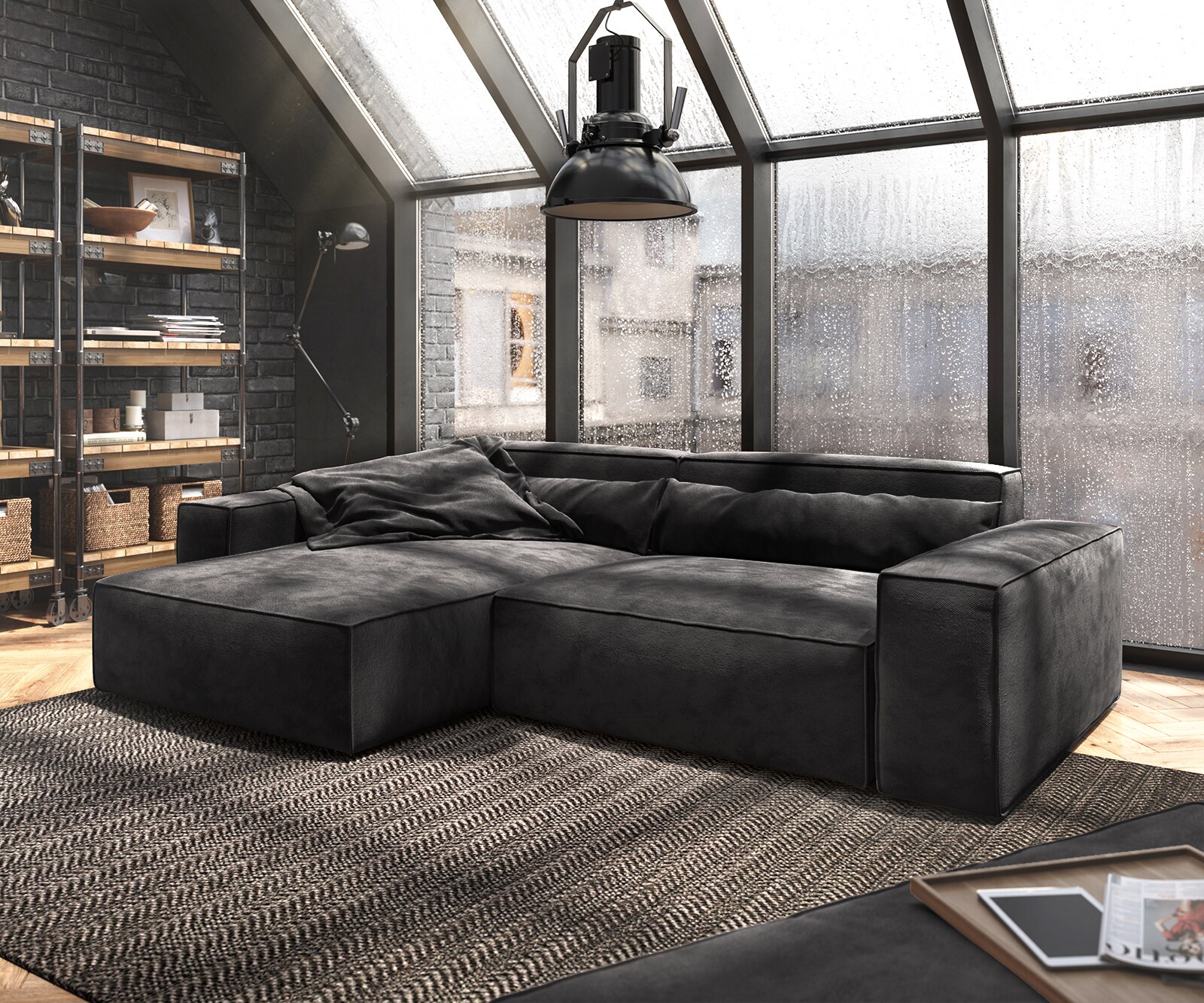 Sofa narożna Sirpio XL 270x170cm mikrofibra czarna szezlong z możliwością zmiennego ustawienia z pufem