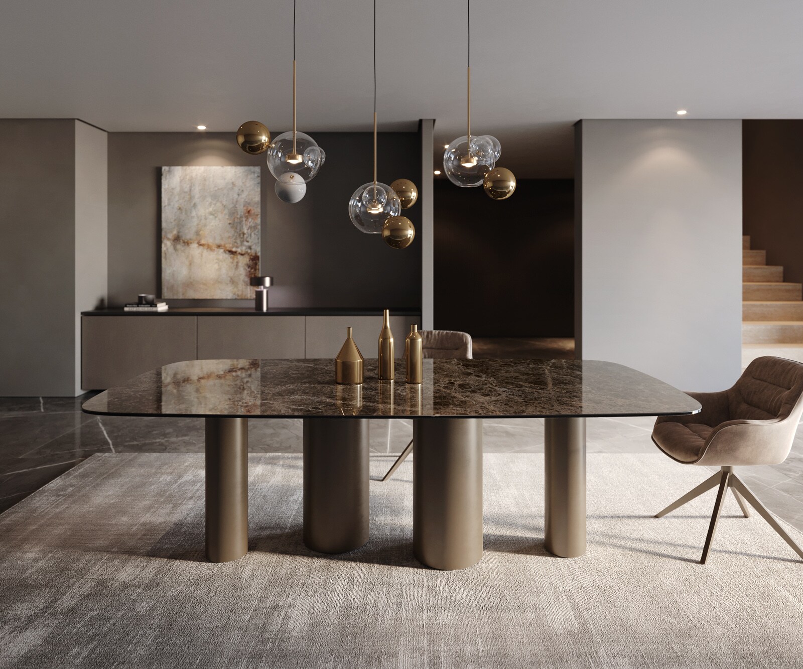 Stół do jadalni Edge kształt beczki 240x120cm ceramika Emperador Extra Lucidato ciemnobrązowy rama Pilier metal kolor tytanowy 2