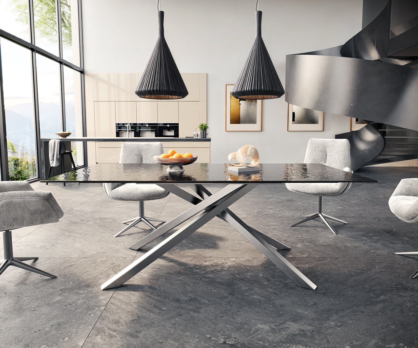 Stół do jadalni Edge 200x100 cm szkło reliefowe czarne efekt 3D rama Cross stal nierdzewna 2