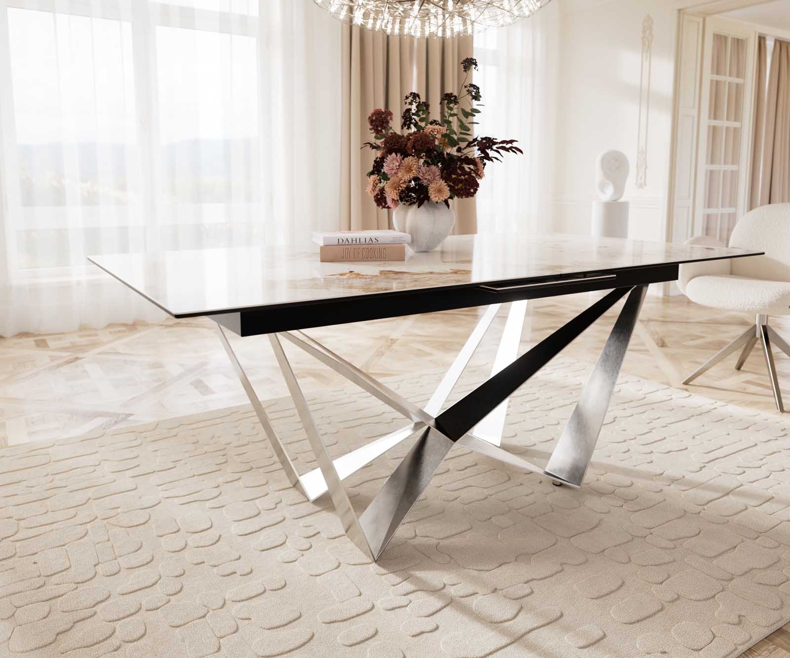 Stół do jadalni Edge 180-220x100 cm ceramika Minas Melange biało-beżowy rama Spider stal nierdzewna rozkładany 6
