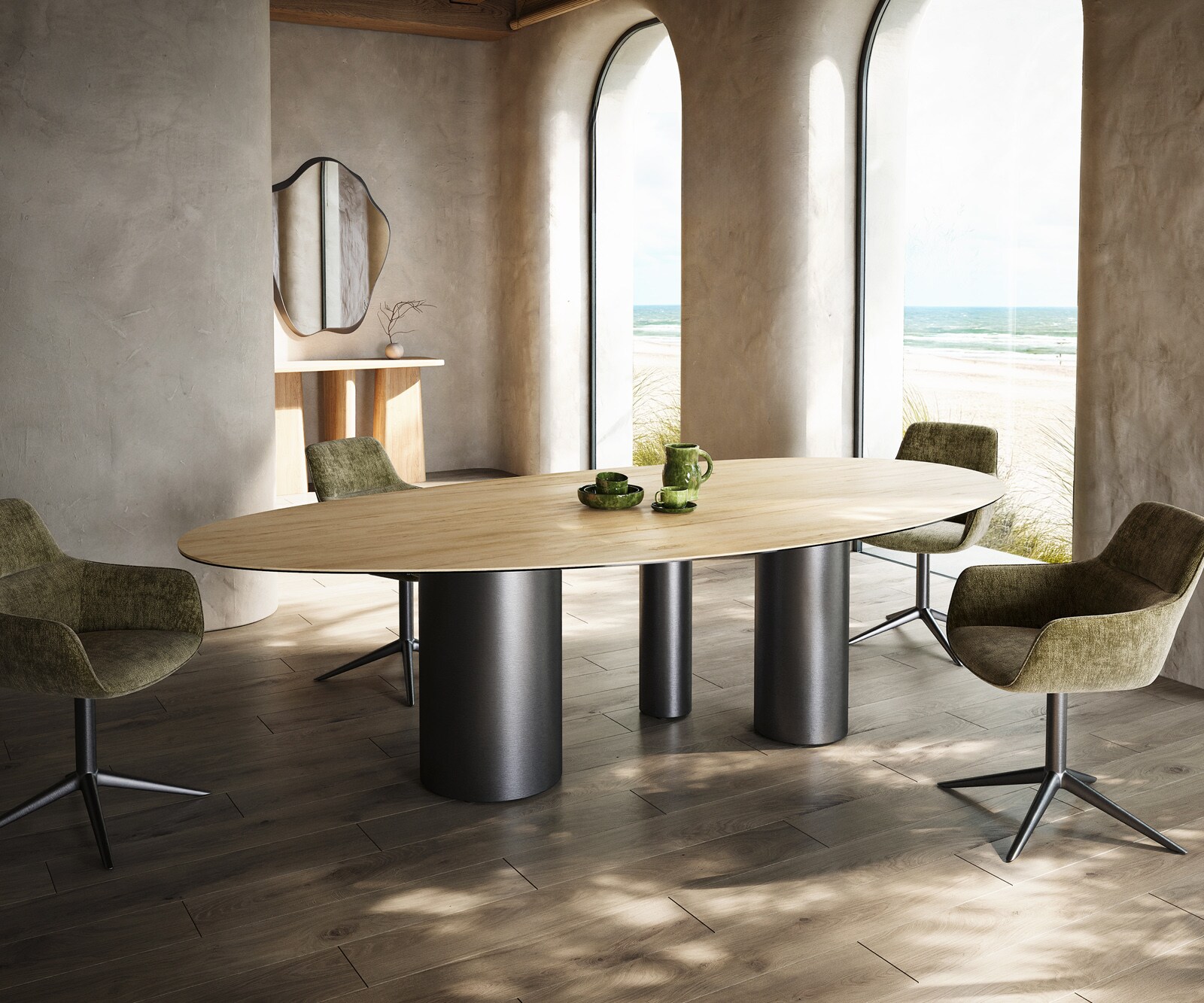 Stół do jadalni Edge owalny 280x130cm ceramika Laminam® Sabbia kolor dębowy rama Troa stal nierdzewna kolor grafitowy 1