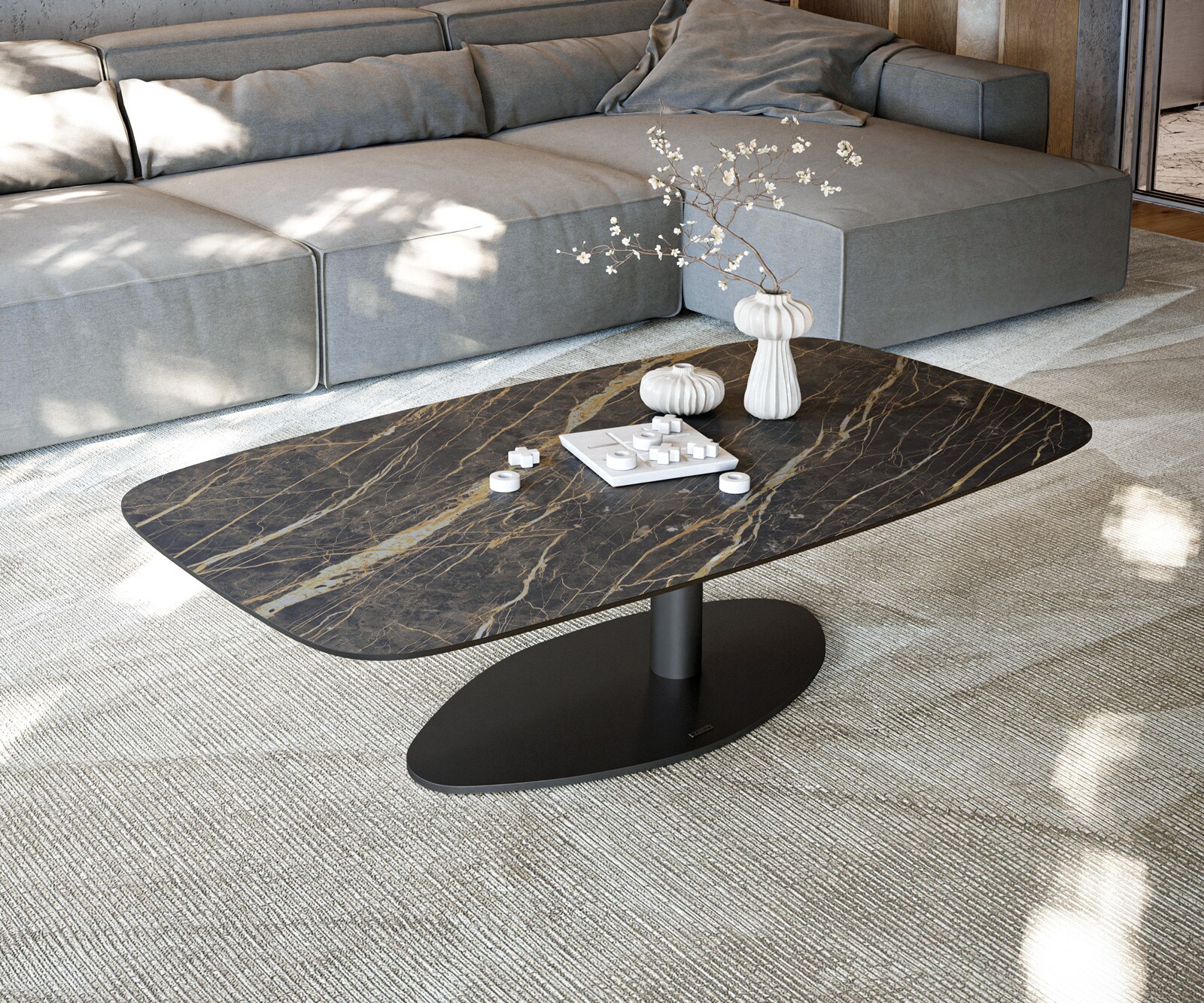 Stolik kawowy Edge w kształcie beczki 140x80 cm ceramika Laminam® Noir Desir brązowy Vibany czarny metal 2