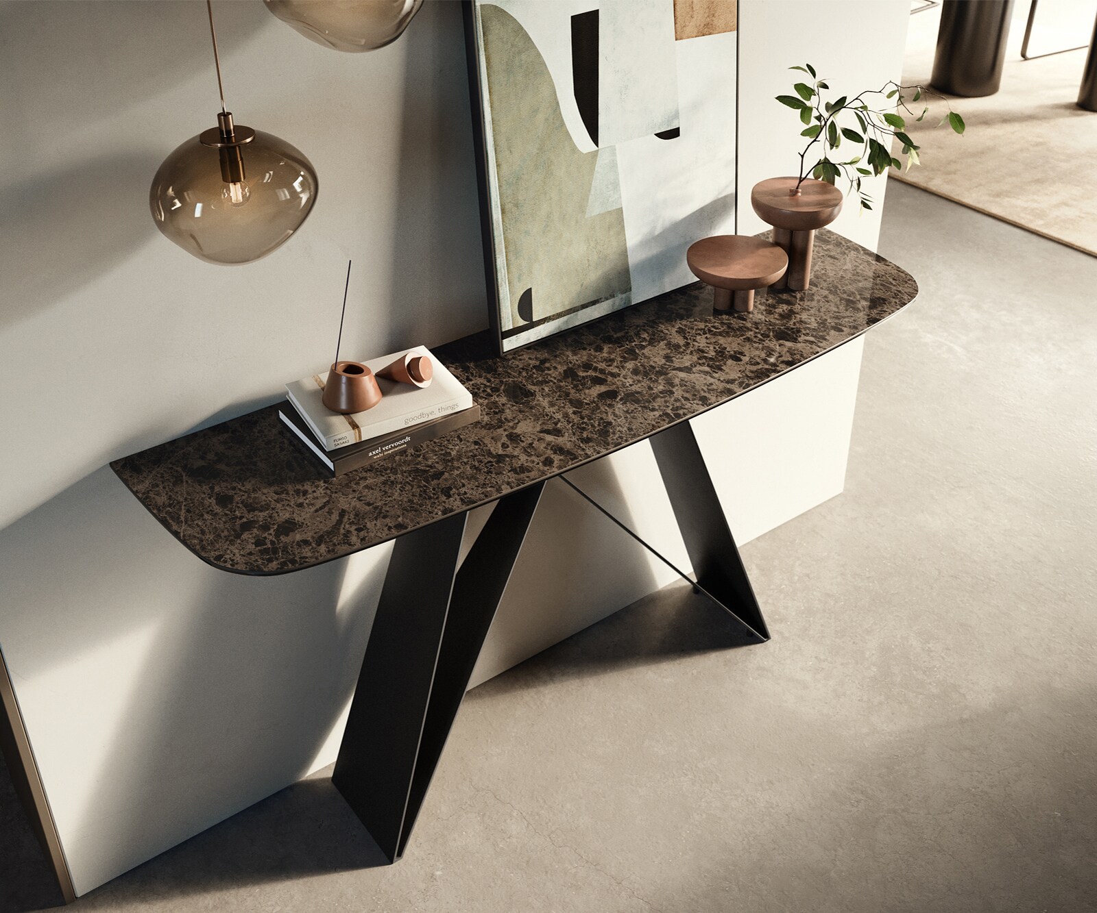 Konsola Edge w kształcie beczki 140x40 cm ceramika Emperador Extra Lucidato ciemnobrązowa podstawa Velio metal czarny 2