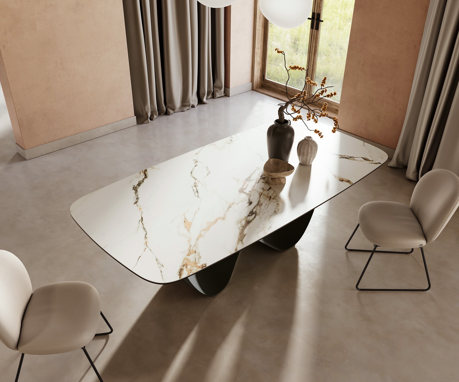 Stół do jadalni Edge kształt beczki 240x120cm ceramika Calacatta Luxe biało-złoto-szary rama Infinity metal czarny 4