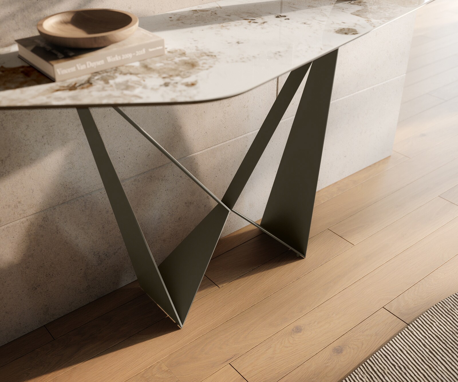 Konsola Edge wielokątna 140x50 cm ceramika Minas Melange biało-beżowa podstawa Spios metal w kolorze tytanu 6