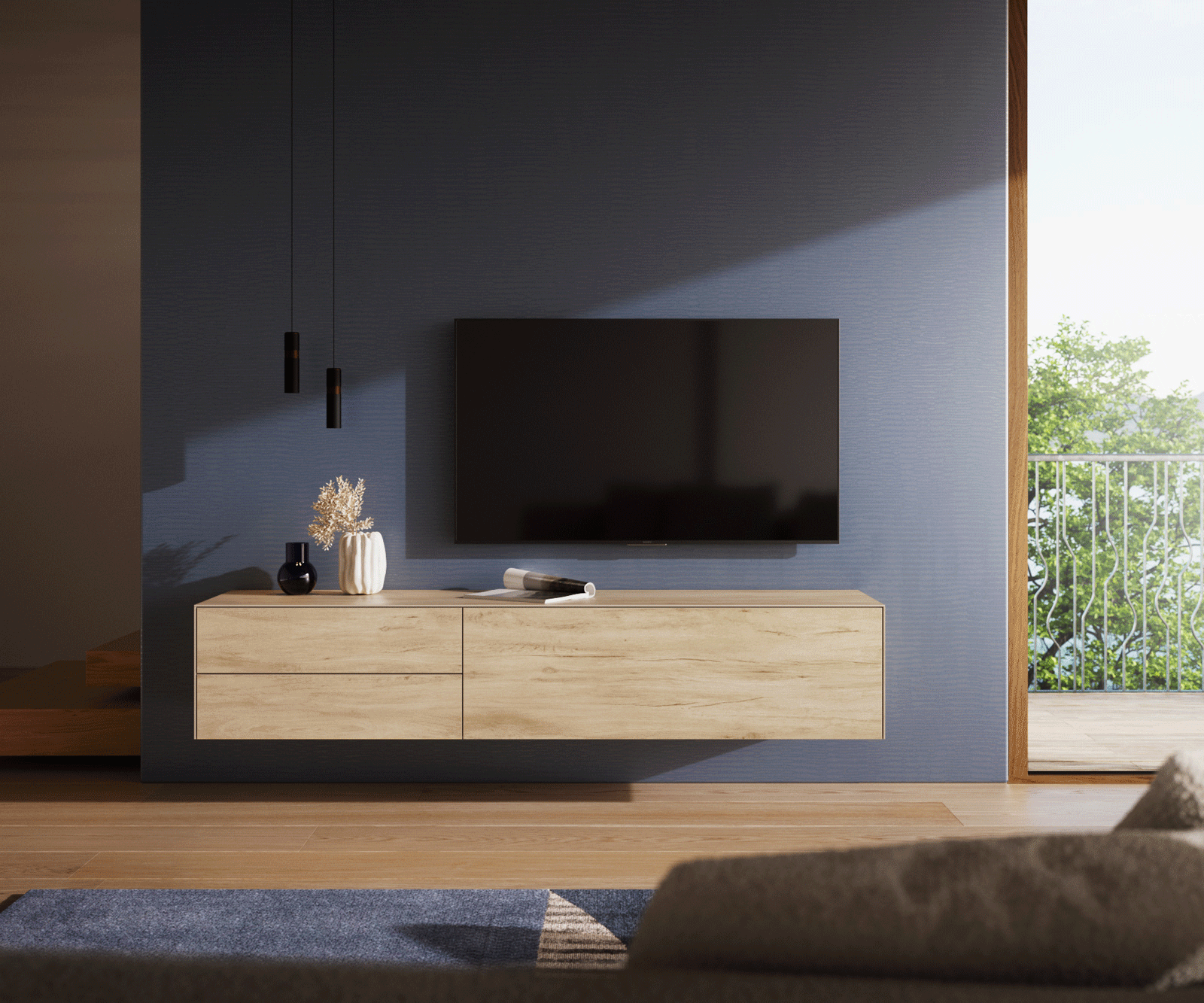 Szafka RTV Cuor 180 cm ceramika Laminam® Sabbia (kolor dębu) 1 klapa 2 szuflady podwieszana 2