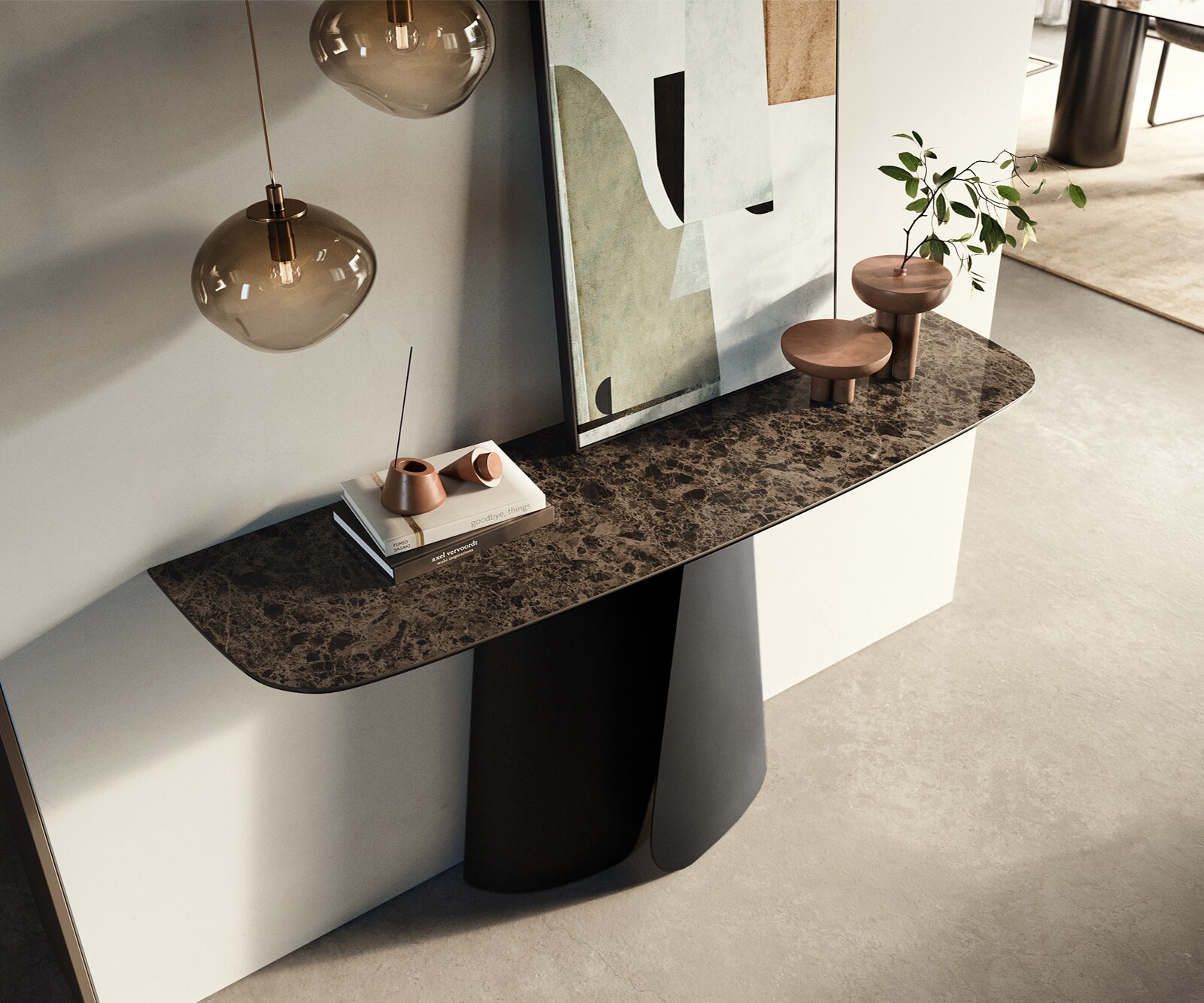 Konsola Edge w kształcie beczki 140x40 cm ceramika Emperador Extra Lucidato ciemnobrązowa podstawa Livos metal czarny 2