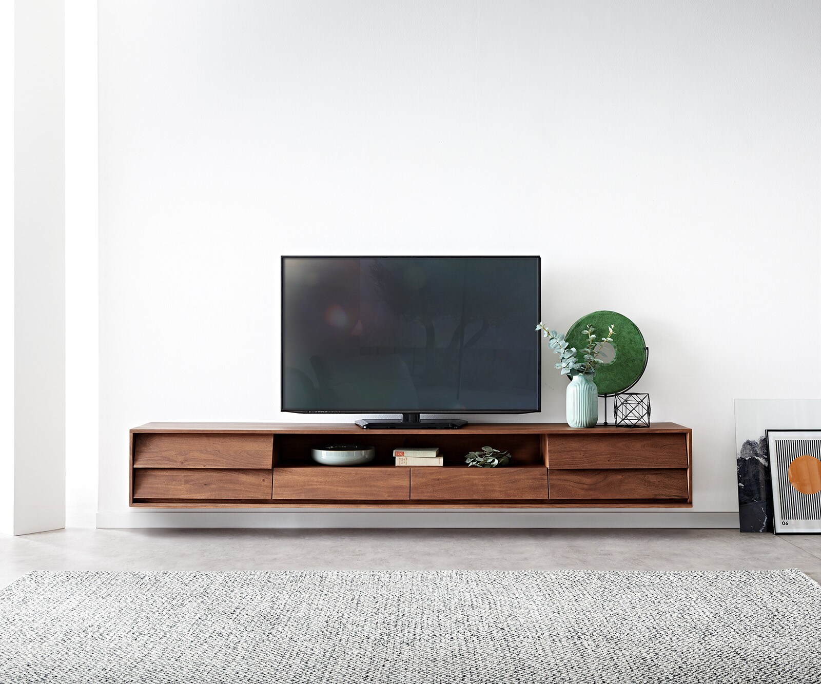 Szafka RTV Eloi 240x35 cm akacja brązowa 2 drzwi 2 szuflady podwieszana 2