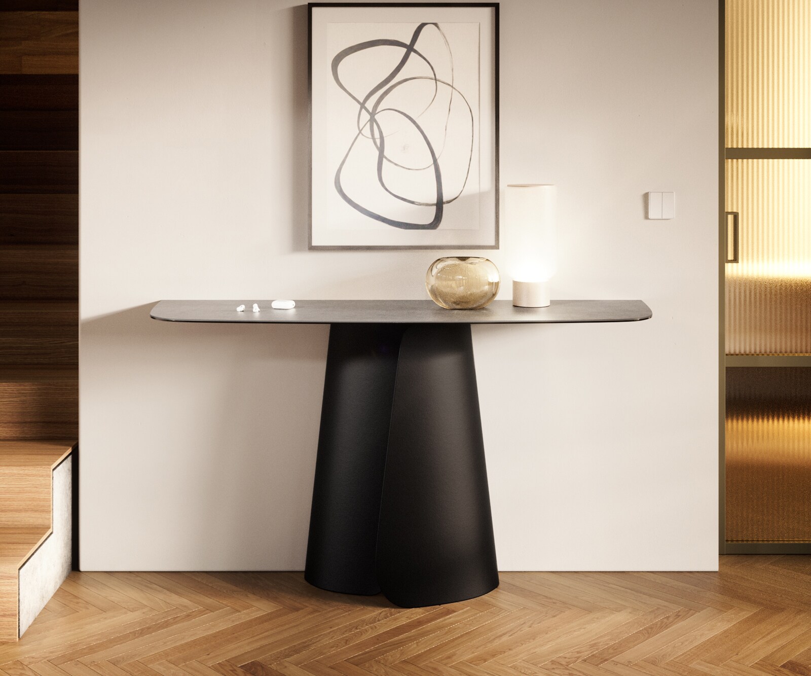 Konsola Edge w kształcie beczki 140x40 cm ceramika w kolorze betonowej szarości podstawa Livos metal czarny 4