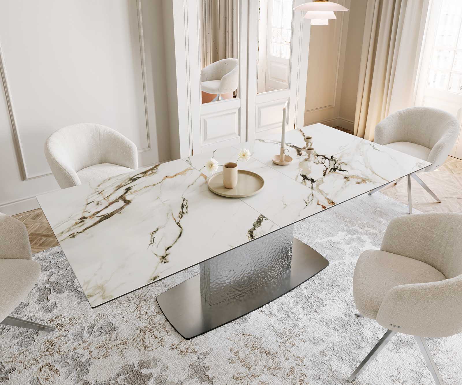 Stół do jadalni Edge 180-220x100 cm ceramika Calacatta Luxe biało-złoto-szary rama Wave stal nierdzewna rozkładany 5