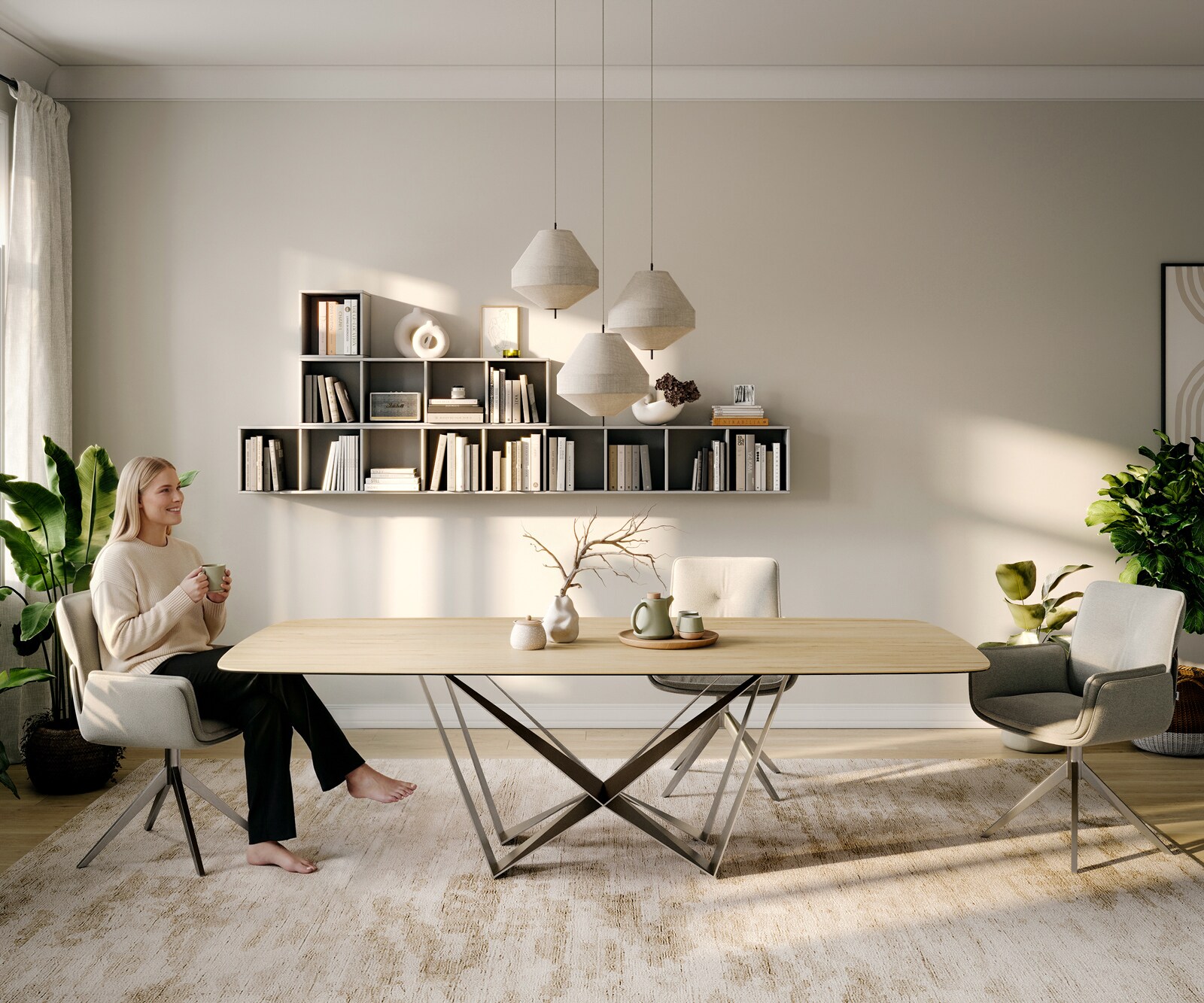 Stół do jadalni Edge w kształcie beczki 260x120 cm ceramika Laminam® Sabbia w kolorze dębu rama Spider stal nierdzewna 1