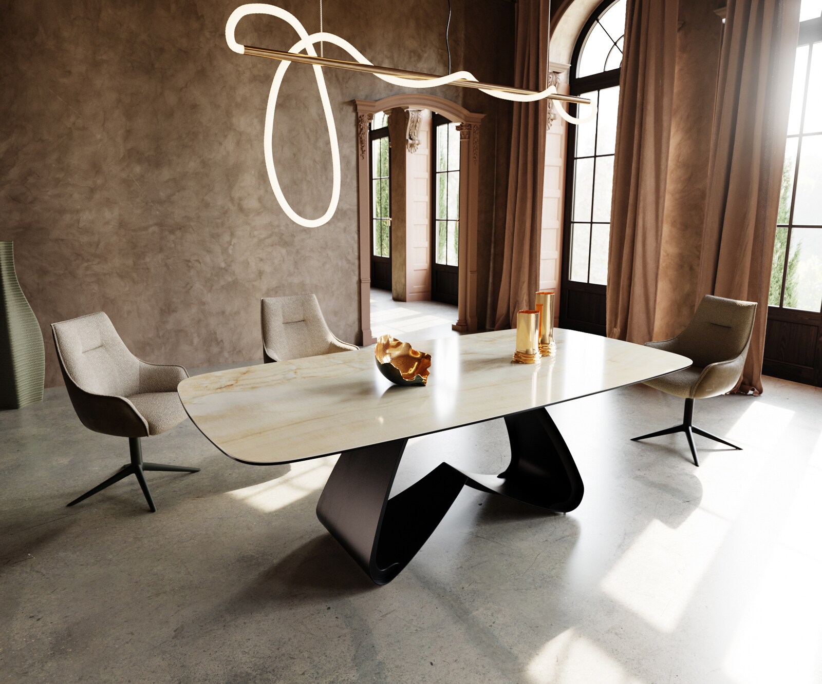 Stół do jadalni Edge w kształcie beczki 240x120cm ceramika Iris FMG Onice Oro rama W metal czarny