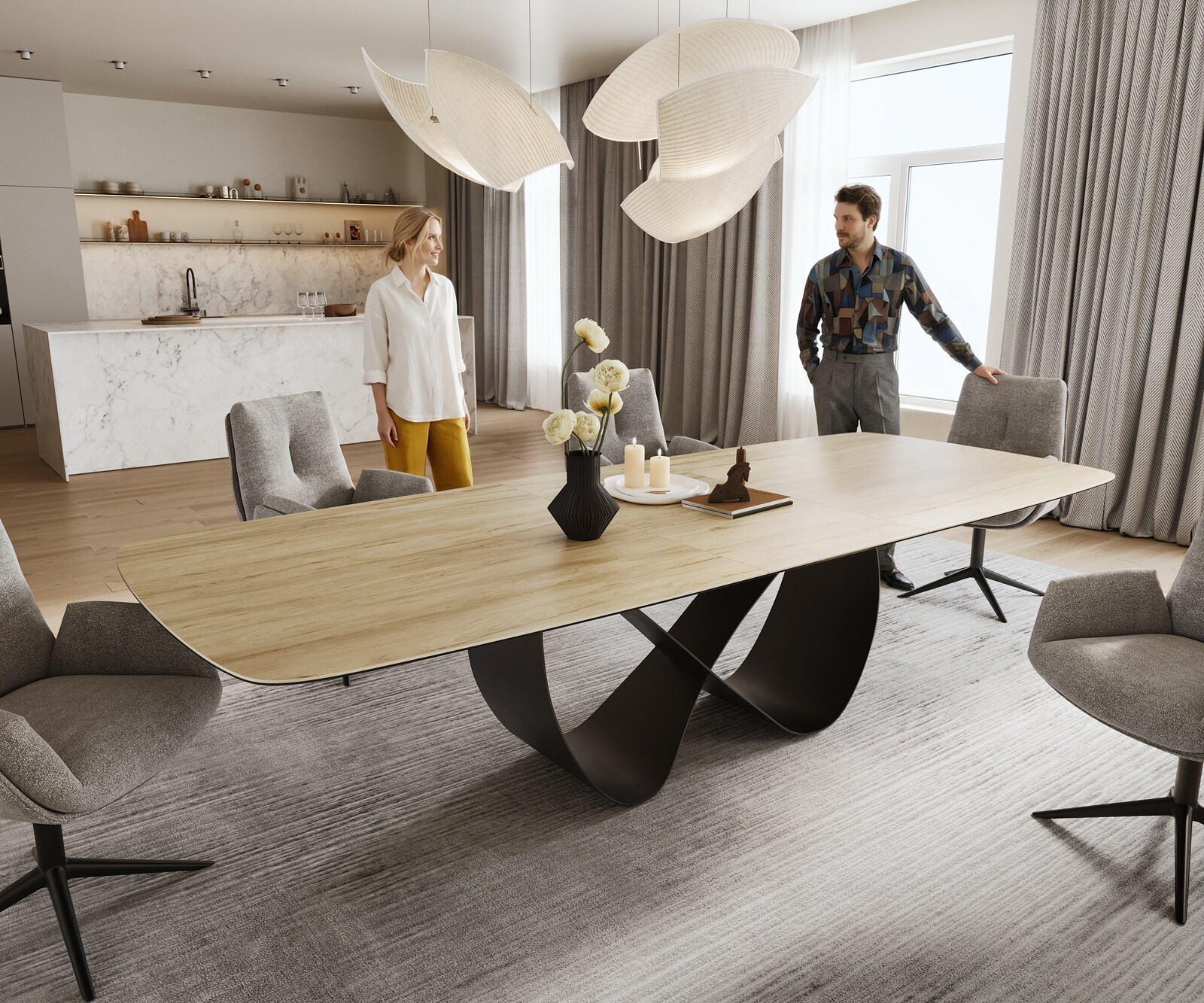 Stół do jadalni Edge w kształcie beczki 240-300x120 cm ceramika Laminam® Sabbia w kolorze dębu rama Infinity metal czarny rozkładany