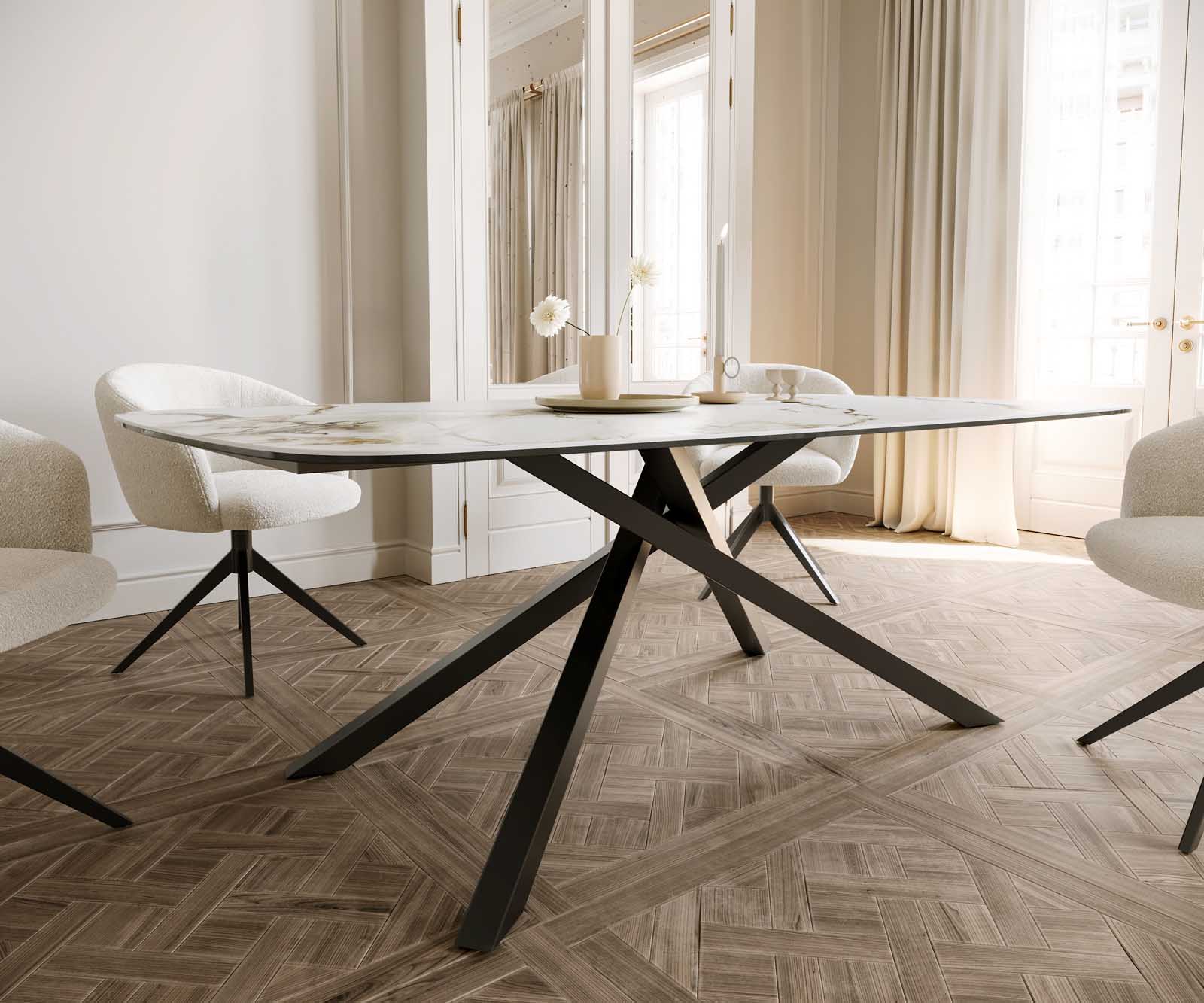 Stół do jadalni Edge kształt beczki 200x100cm ceramika Calacatta Luxe biało-złoto-szary rama Cross czarna 5