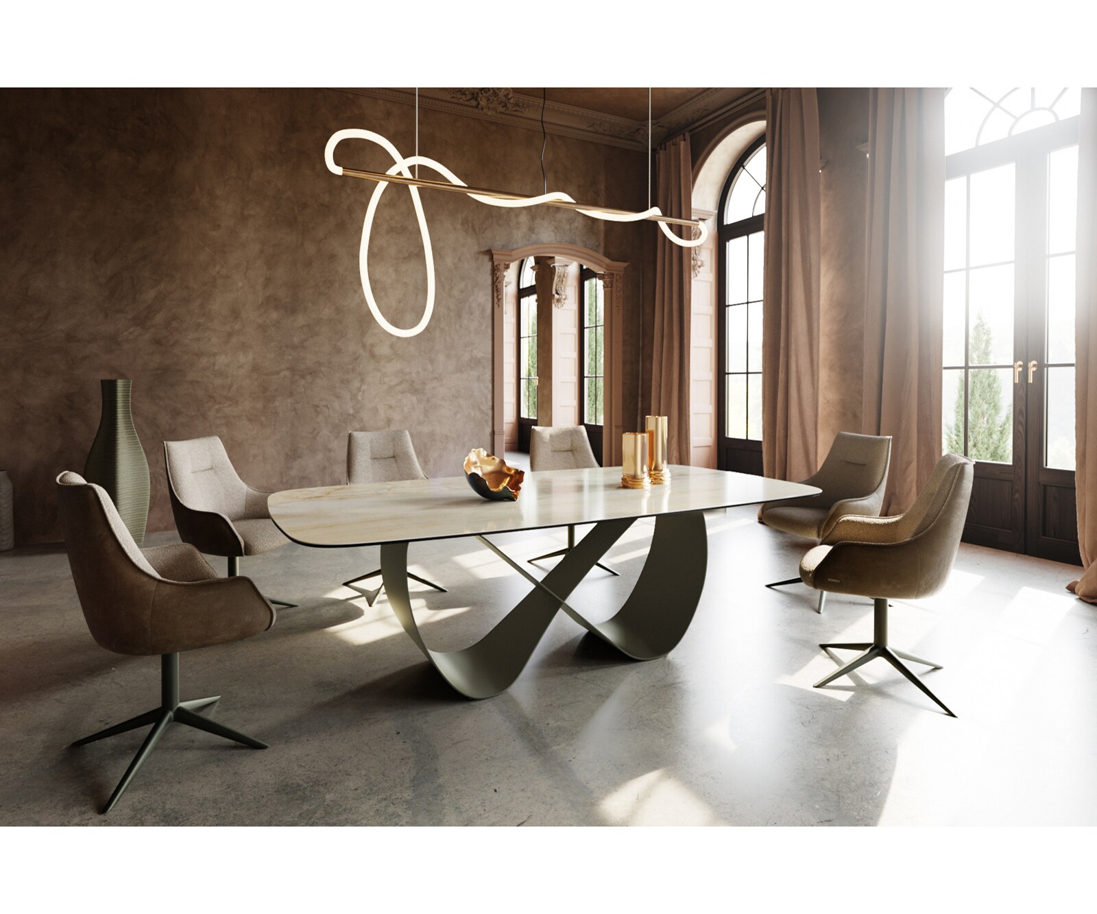 Stół do jadalni Edge w kształcie beczki 240x120cm ceramika Iris FMG Onice Oro rama Infinity metal kolor tytanowy 5