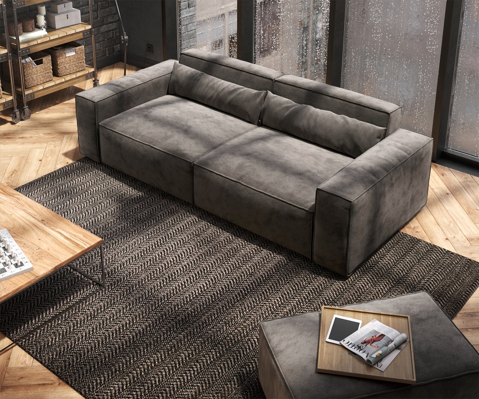 Sofa Sirpio 230x95 cm mikrofibra khaki brąz z pufem 3