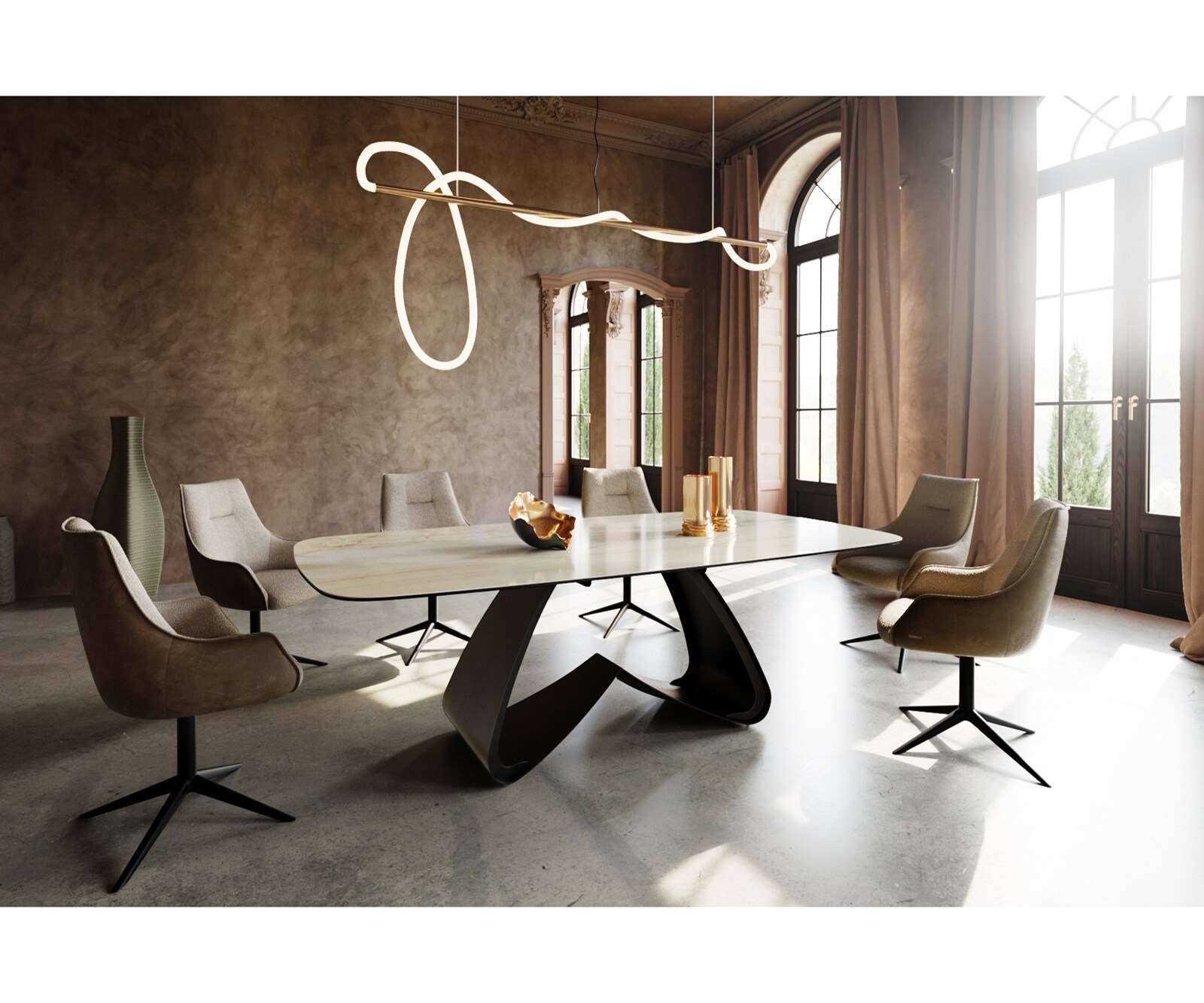 Stół do jadalni Edge w kształcie beczki 240x120cm ceramika Iris FMG Onice Oro rama W metal czarny 5