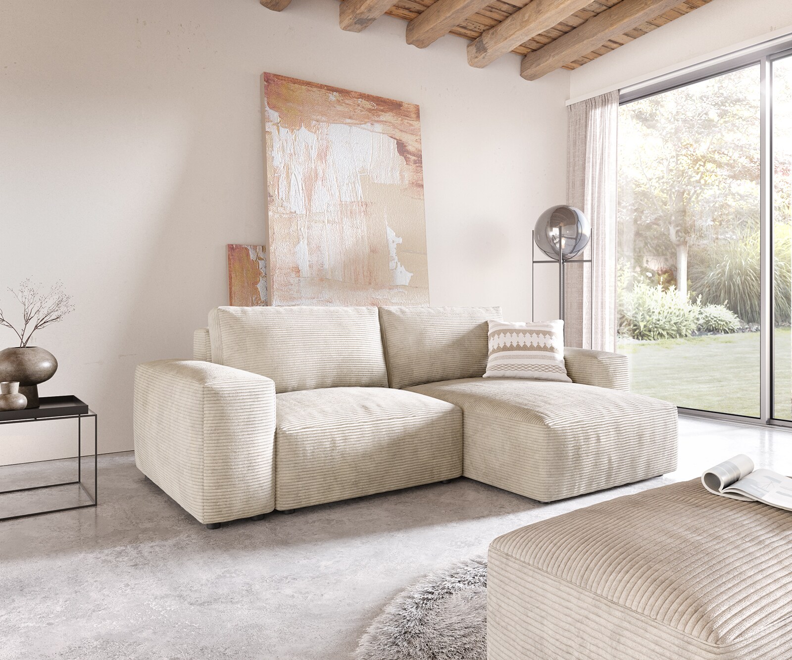 Sofa narożna Lanzo 230x155 cm sztruks beżowy szezlong z możliwością zmiennego montażu z pufem