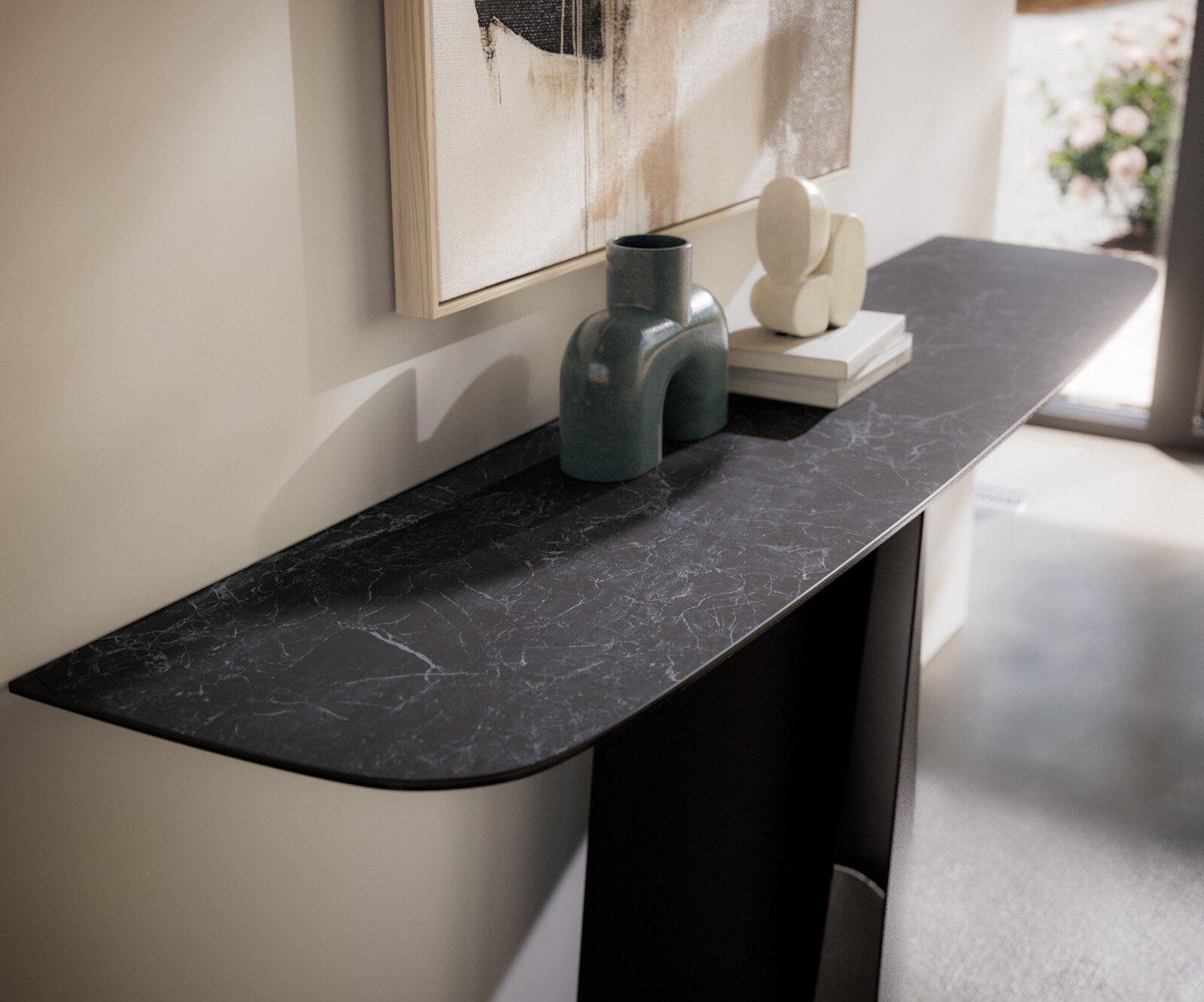 Konsola Edge w kształcie beczki 180x40 cm Laminam® Nero Greco antracytowa podstawa Livos metal czarny 2