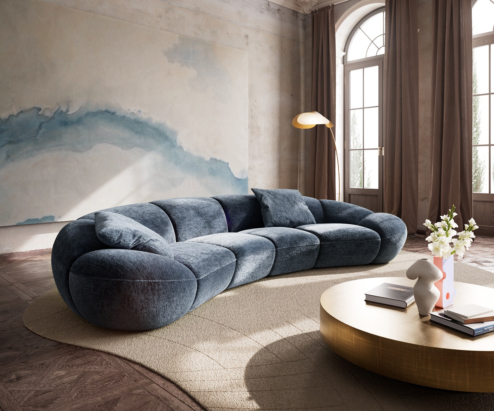 Sofa Lunna 360x175 cm szenil niebieski 2 poduszki